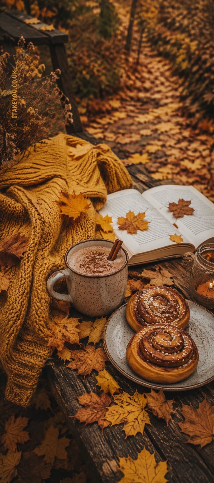 750x1688 Cosy Autumn Reading Wallpaper : Cinnamon Rolls & Hot Drink Fall Aesthetic Background for iPhone