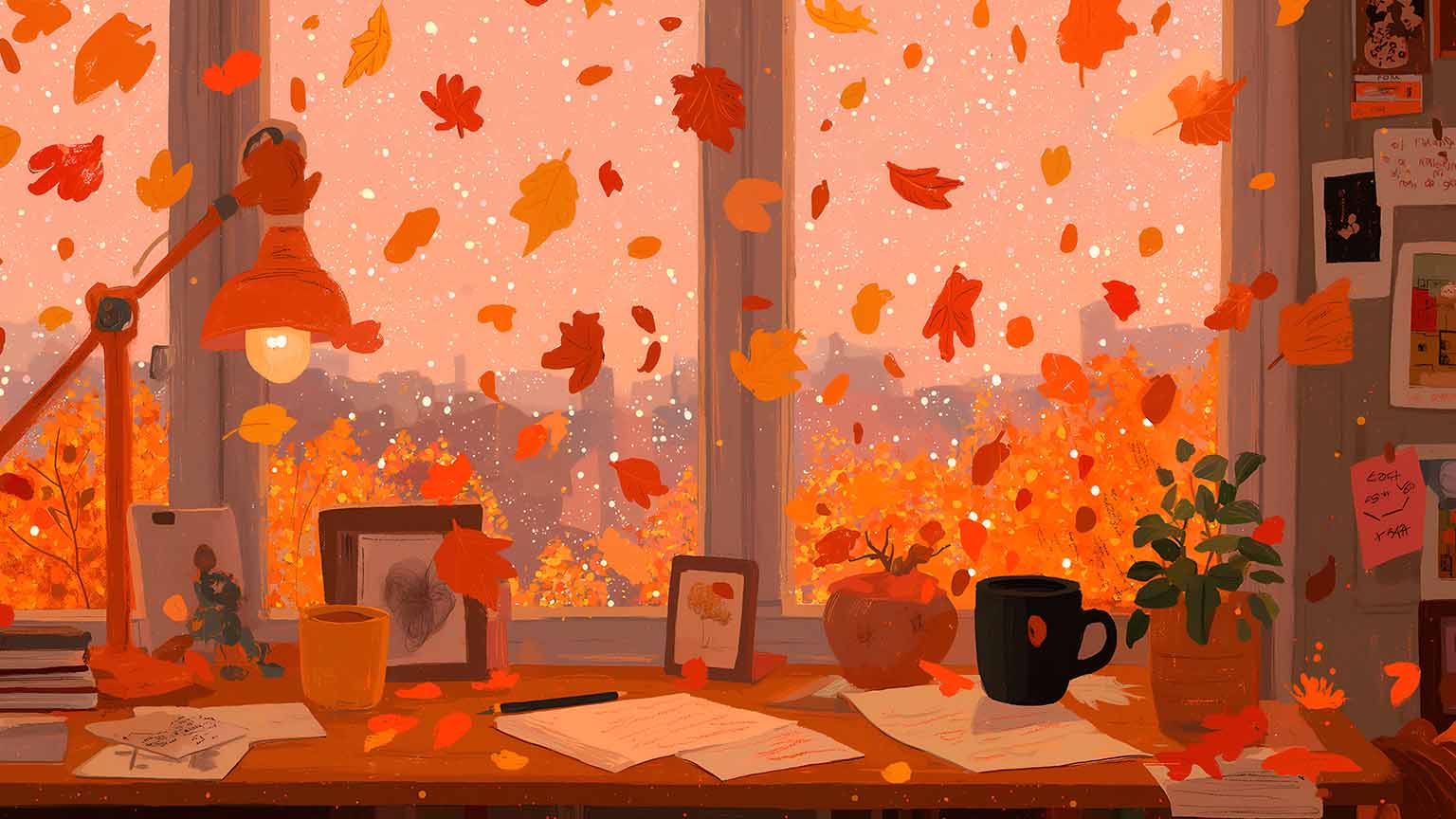 1536x864 Autumn Leaves Falling on Desk Cozy Desktop Wallpaper 4K