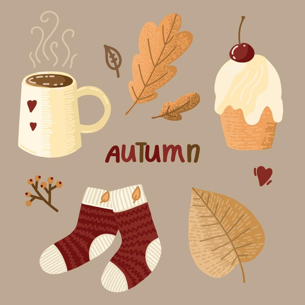 980x980 Cozy autumn. Set of cute autumn elements socks, warming drink, cake, autumn leaves. Idea of coziness and comfortable lifestyle, winter or autumn mood