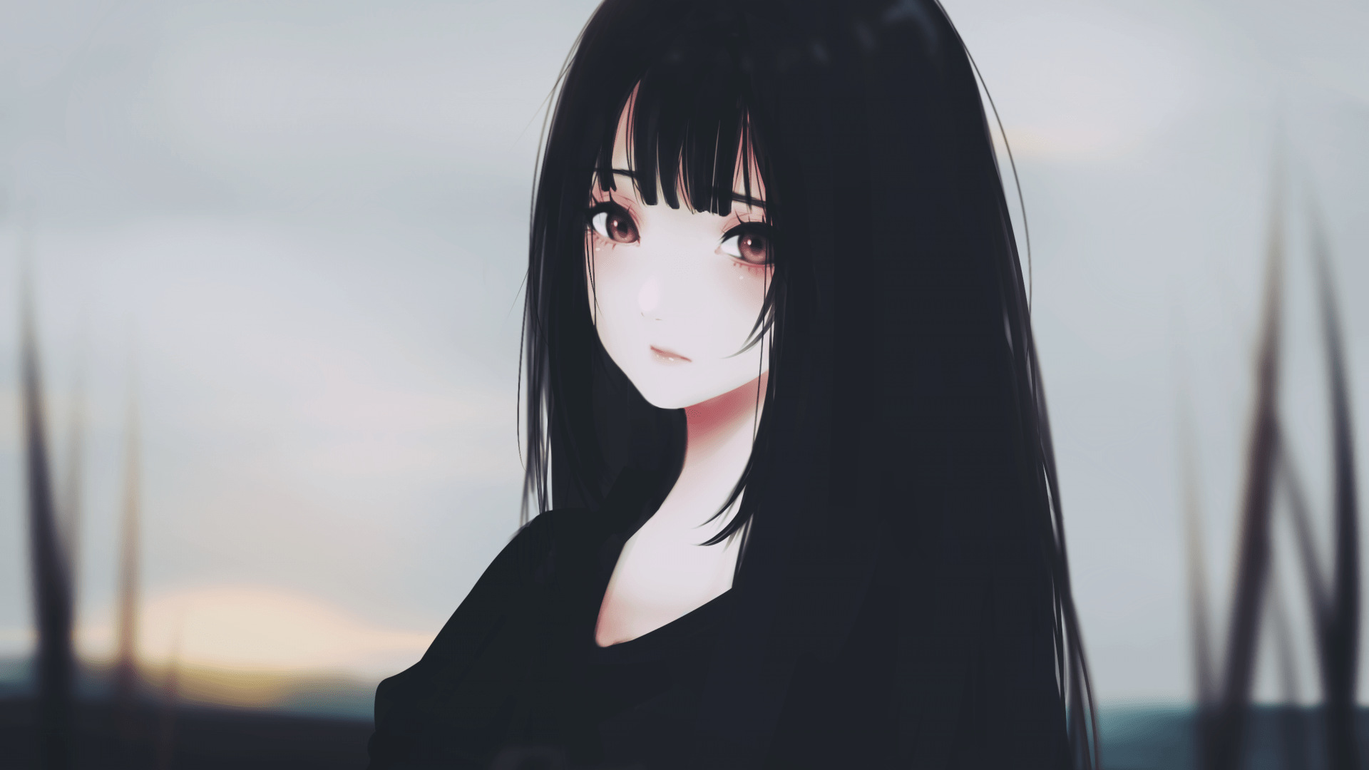 1920x1080 Anime Girl, Black Hair, Sad Expression, Semi Realistic HD Wallpaper