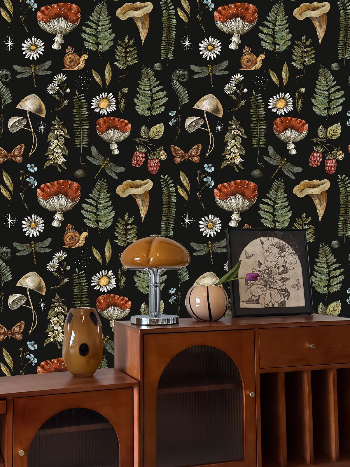 1200x1600 Cottagecore Mushroom Fern Peel and Stick Wallpaper Dark Botanical Accent Wall