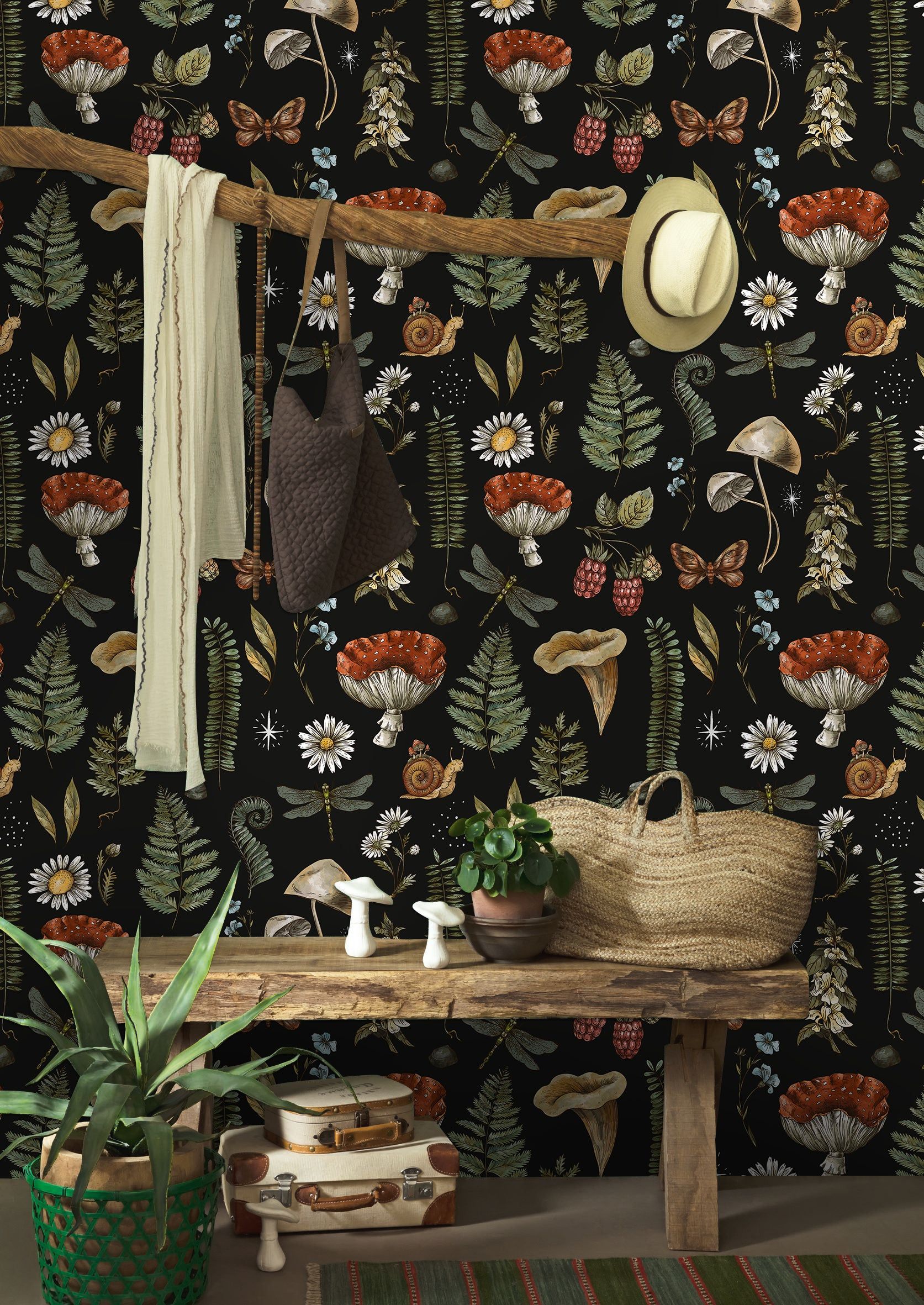 1673x2362 Cottagecore Mushroom Fern Peel and Stick Wallpaper Dark Botanical Accent Wall