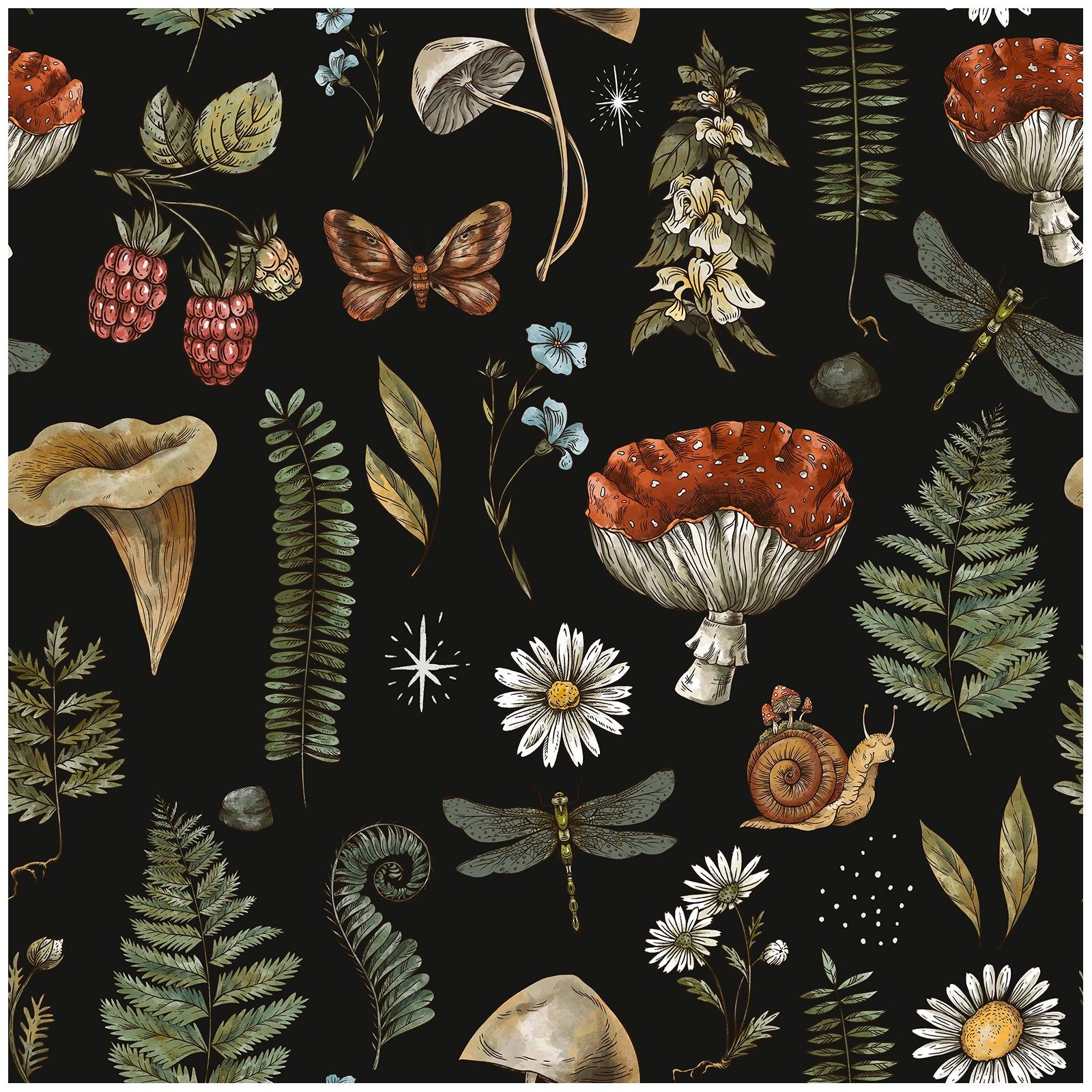 1600x1600 Cottagecore Mushroom Fern Peel and Stick Wallpaper Dark Botanical Accent Wall