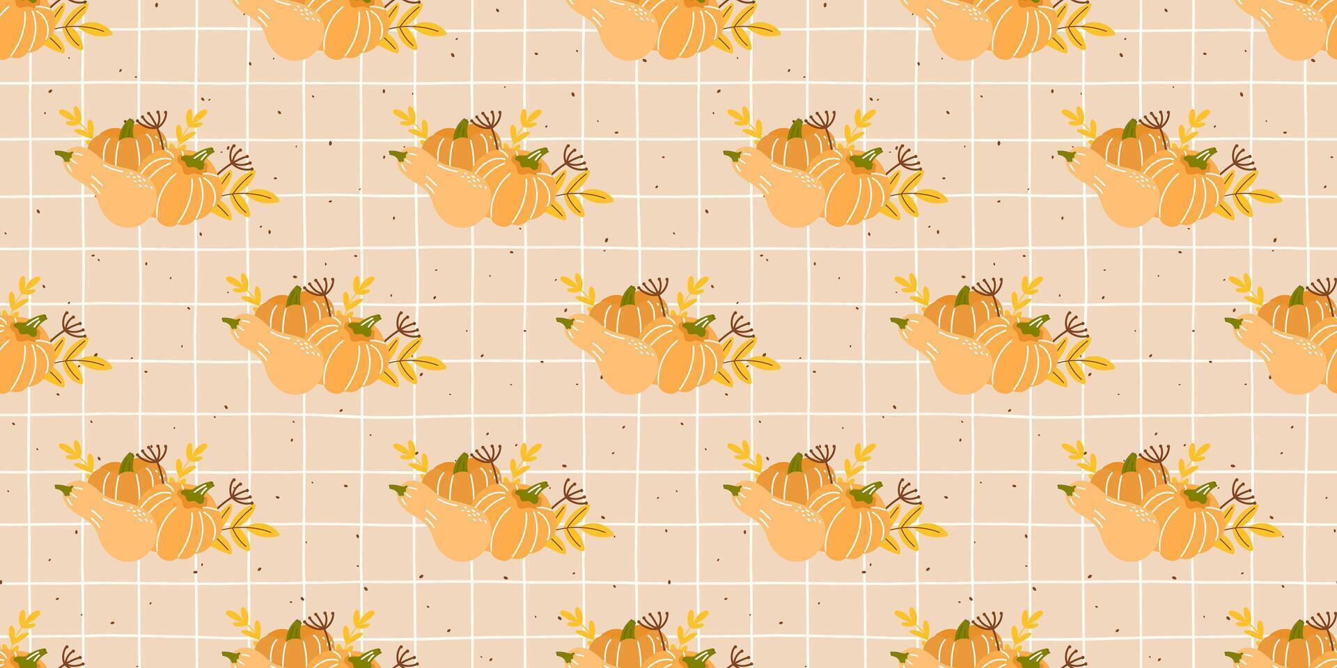 1920x960 Pumpkin pattern harvest seamless halloween leaf fall thanksgiving print and acorn autumn background with decorative floral vine. Cozy cottagecore gingham or checkered wallpaper for nursery