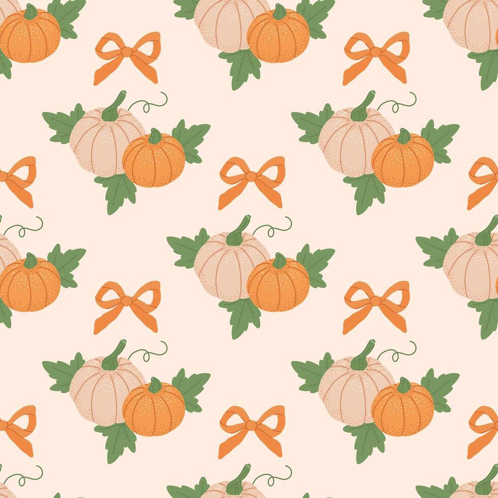 980x980 Preppy coquette seamless pattern with orange bow ribbons and cute pumpkins green leaves. Autumn elegance damask design. Vintage cottagecore print for fabric, wallpaper or wrapping paper