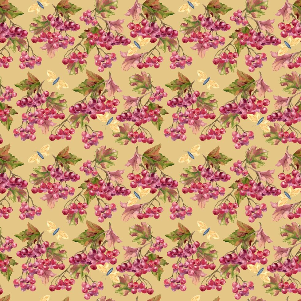980x980 Cottagecore seamless pattern with guelder rose berries, foliage and butterflies in watercolor isolated on beige. Autumn botanical repeat texture for table lines, fabric prints, and wallpaper