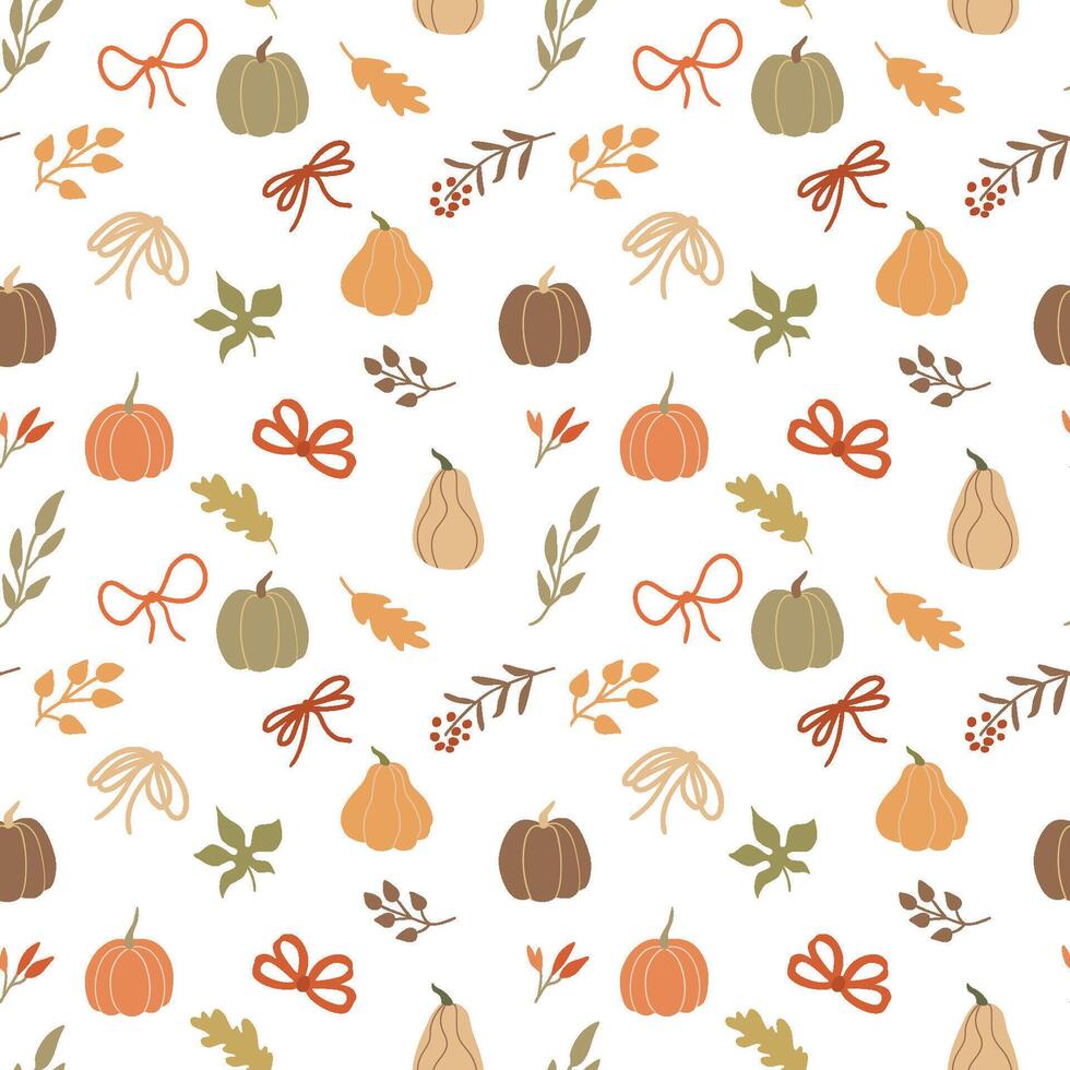980x980 Pumpkins, bow, ribbons, fall leaves seamless pattern. Autumn floral leaves cottagecore print. Cute October harvest textile design. Thanksgiving day illustration. Organic vegetable wallpaper