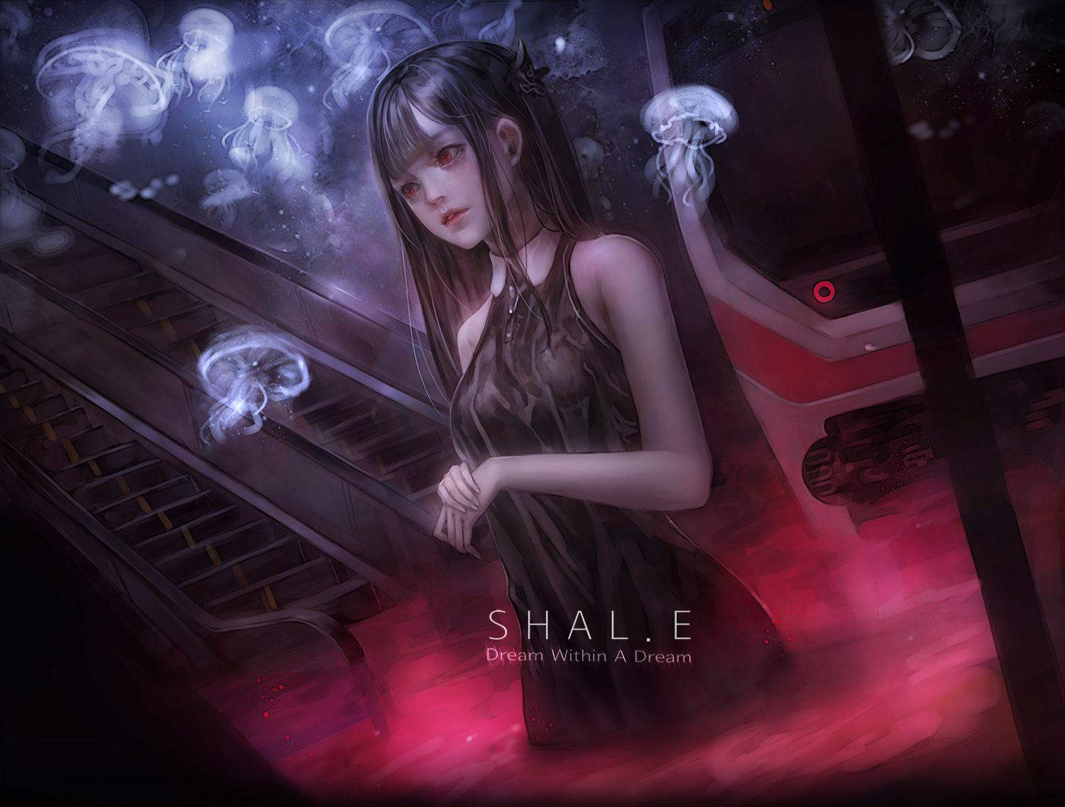 1500x1137 black hair dress long hair original realistic red eyes shal.e watermark. konachan.com.com Anime Wallpaper