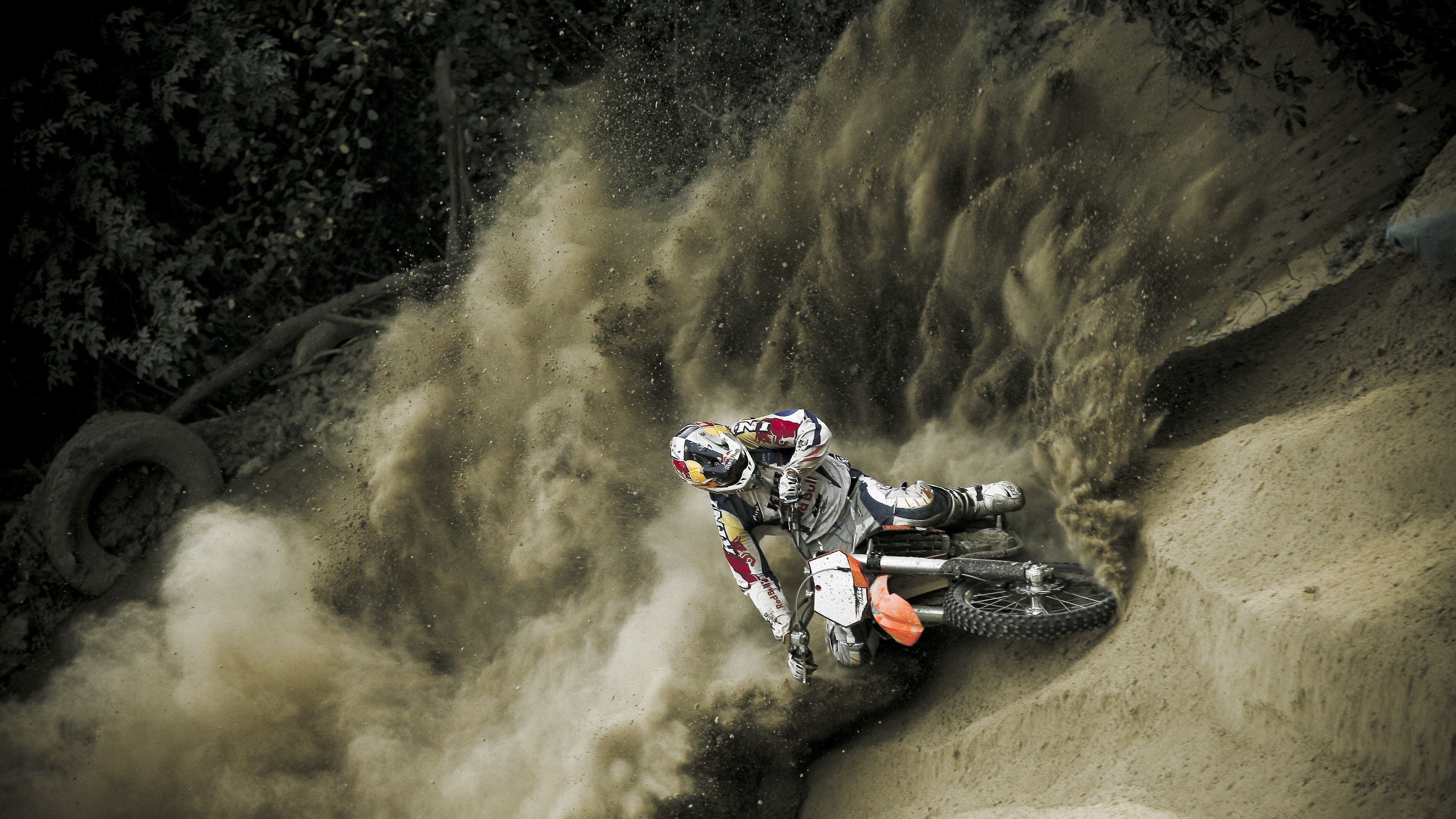 3840x2160 Orange White Dirt Bike In Black Dusty Sand Background 4K HD Dirt Bike Wallpaper
