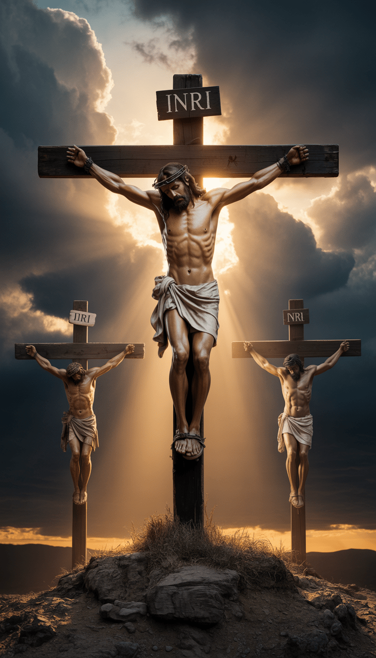 768x1344 jesus crucified central cross top hill two thieves