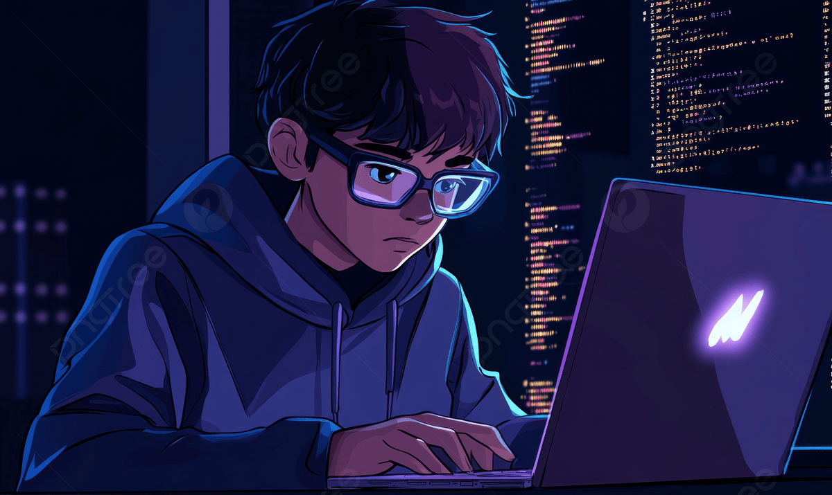 1200x715 A Cartoon Boy Wearing Glasses And Hoodie Is Coding On His Laptop Glow Of Code Lines Background, Boy, Laptop, Cartoon Background Image And Wallpaper for Free Download