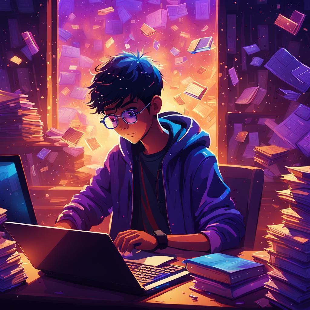 1024x1024 Boy Coding with Intense Lighting in Manga Style