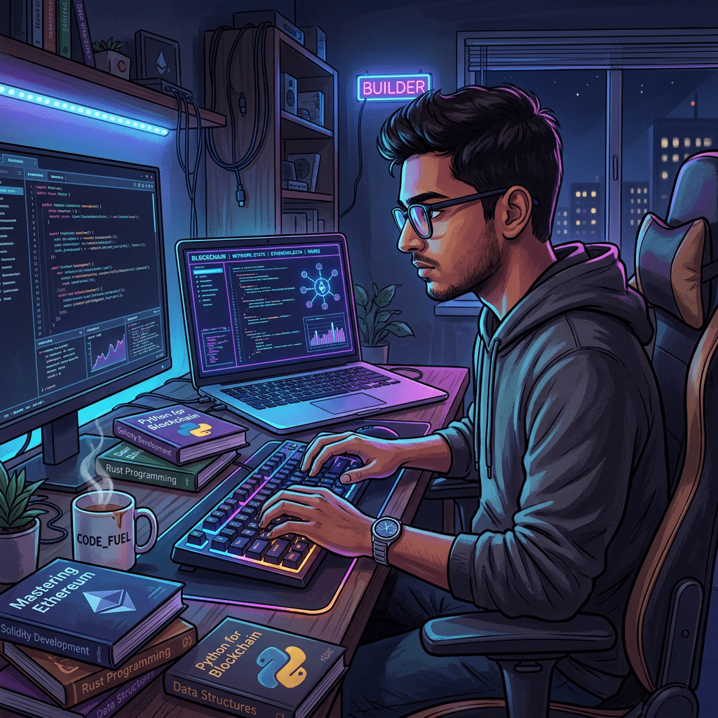 1024x1024 Intense Coding Session: Young Dev At Techno Modern Desk. Blockchain Focus. AI Art Generator. Easy Peasy.AI
