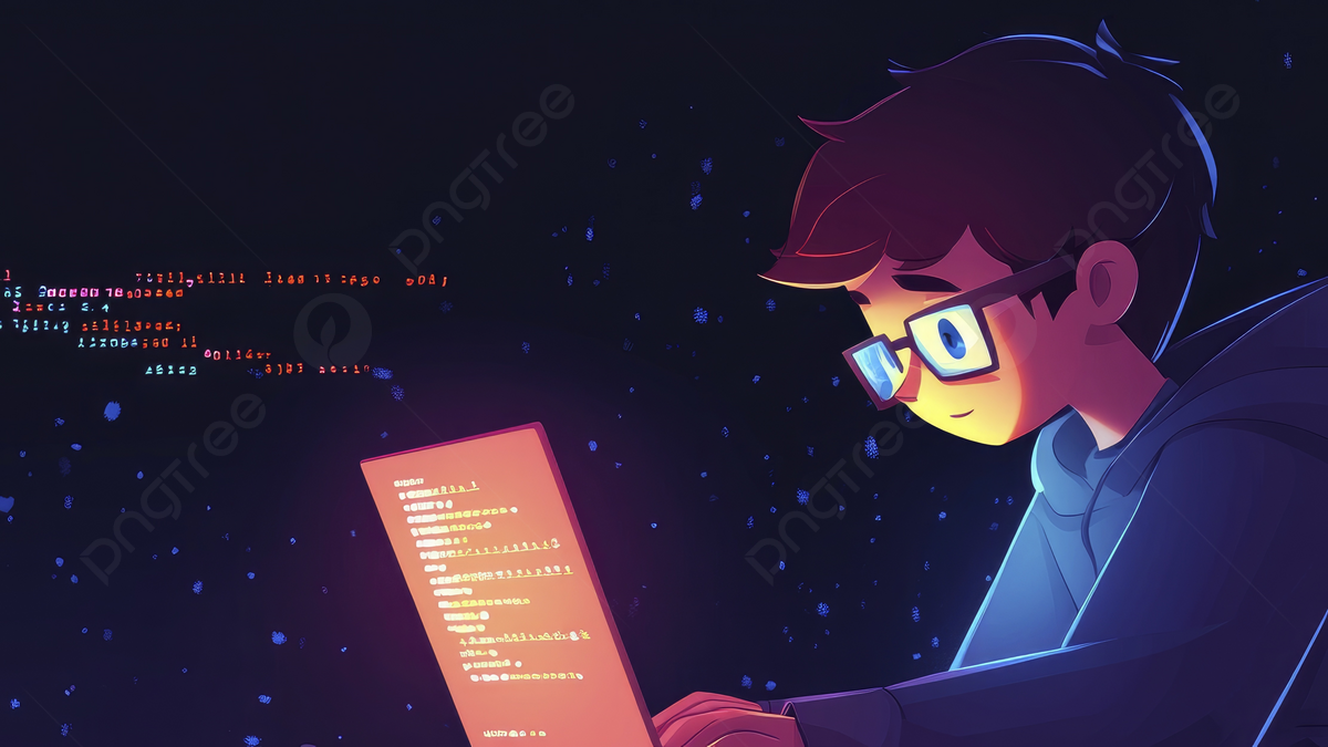 1200x675 A Cartoon Boy Wearing Glasses And Hoodie Is Coding On His Laptop Glow Of Code Lines Background, Boy, Laptop, Cartoon Background Image And Wallpaper for Free Download