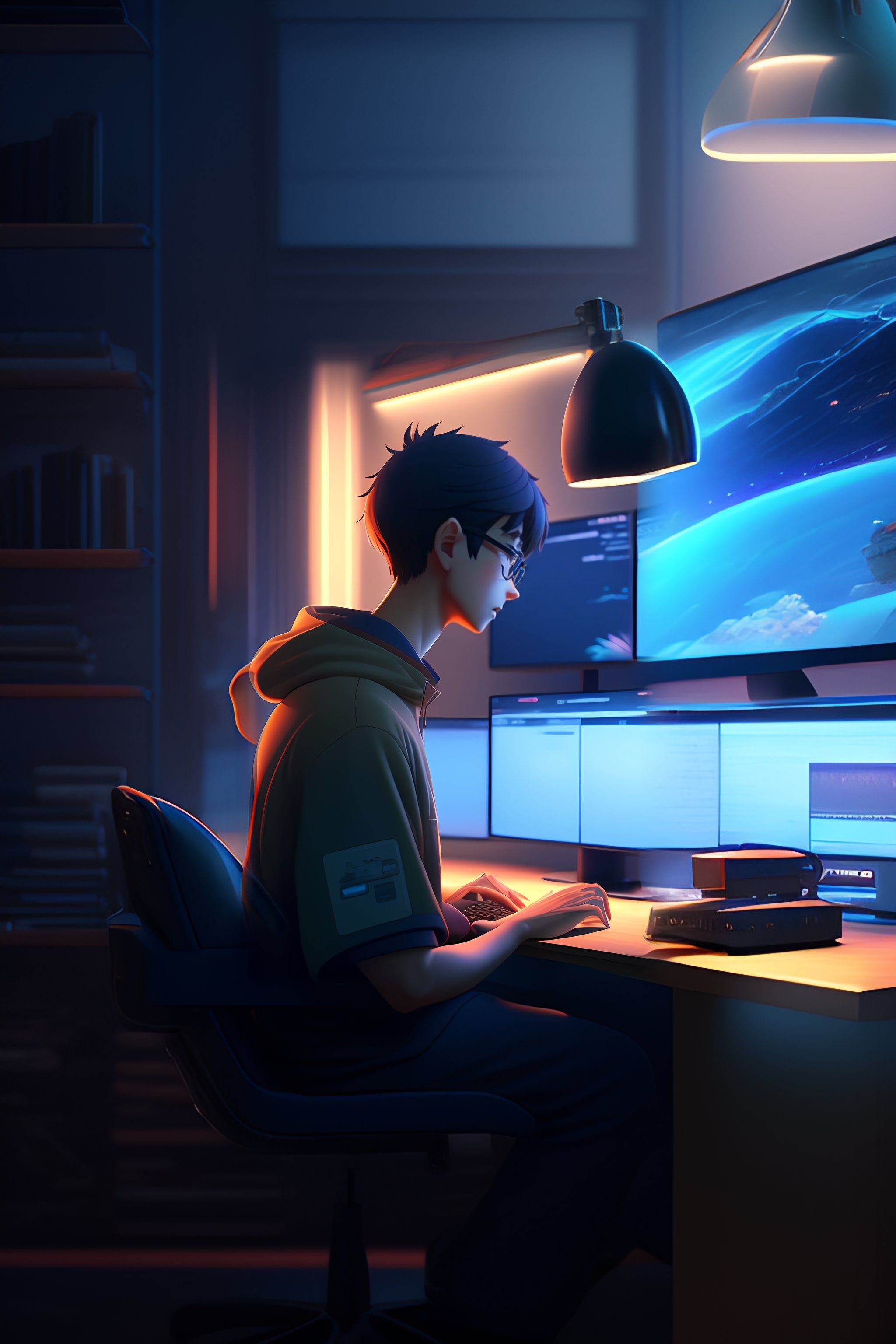 2048x3072 Lexica nerdy boy is programming at a computer in a room full of gadgets, by makoto shinkai and ghibli studio, dramatic lighting, highly detailed
