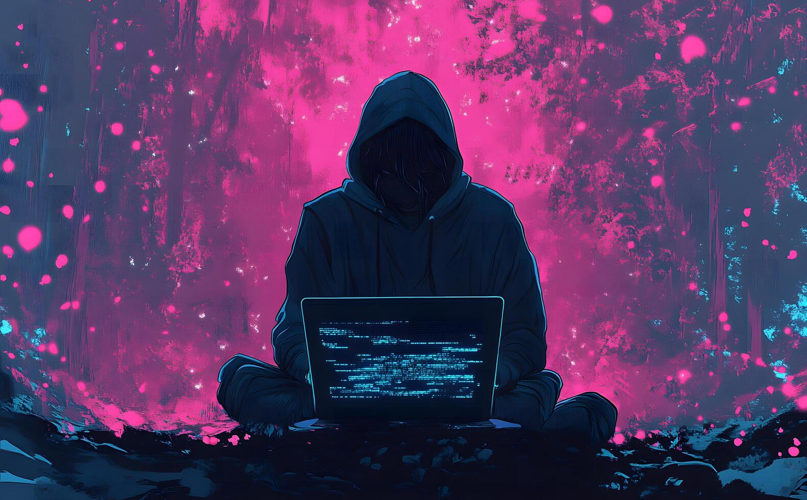 1579x980 Hooded figure coding on laptop before a vibrant pink and blue abstract background