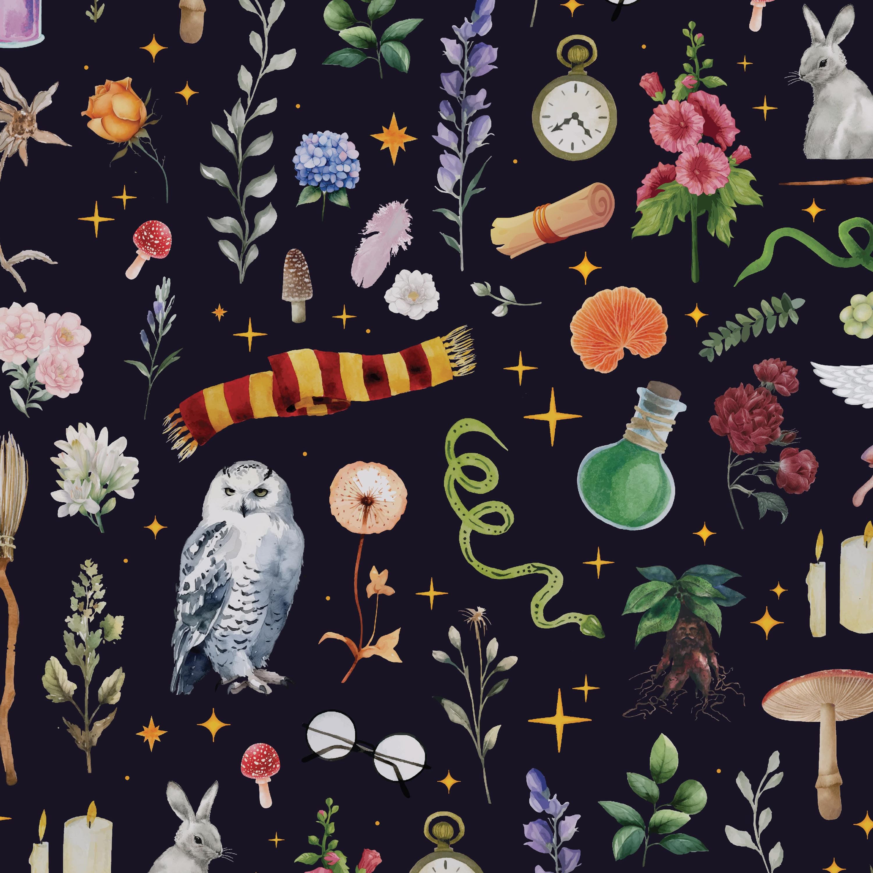 3000x3000 Wizard Herbology Wallpaper Botanical Print, Enchanted Garden Decor, Mystical Wizard Art, Fantasy Home Decor