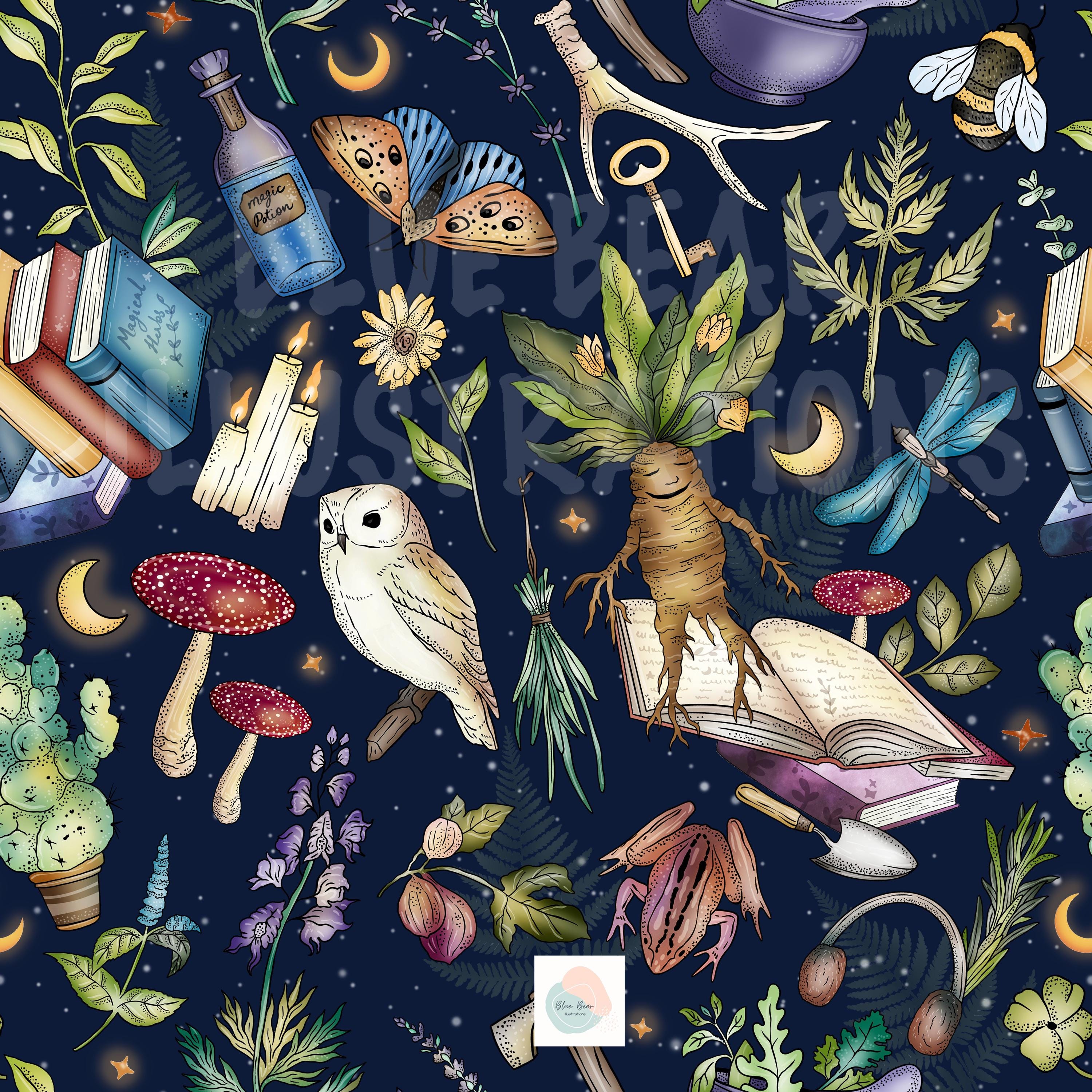 3000x3000 Herbology Seamless Pattern, HP World, Fabric Sublimation, Digital Paper Download, Magical Herbs, Wizard Herbology, Witches Plant, Night Art