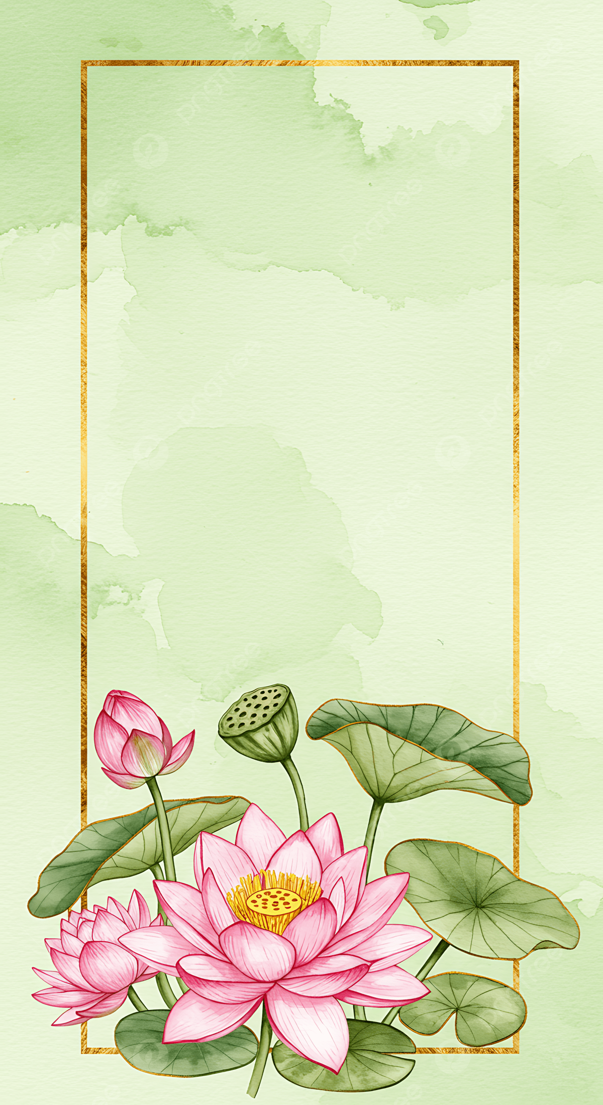 1200x2200 Elegant Watercolor Lotus Flower Frame Green Background Wallpaper Image For Free Download