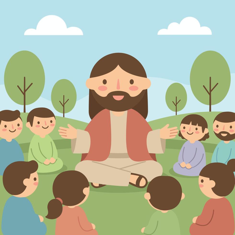 980x980 Jesus teaching children sitting in nature illustration