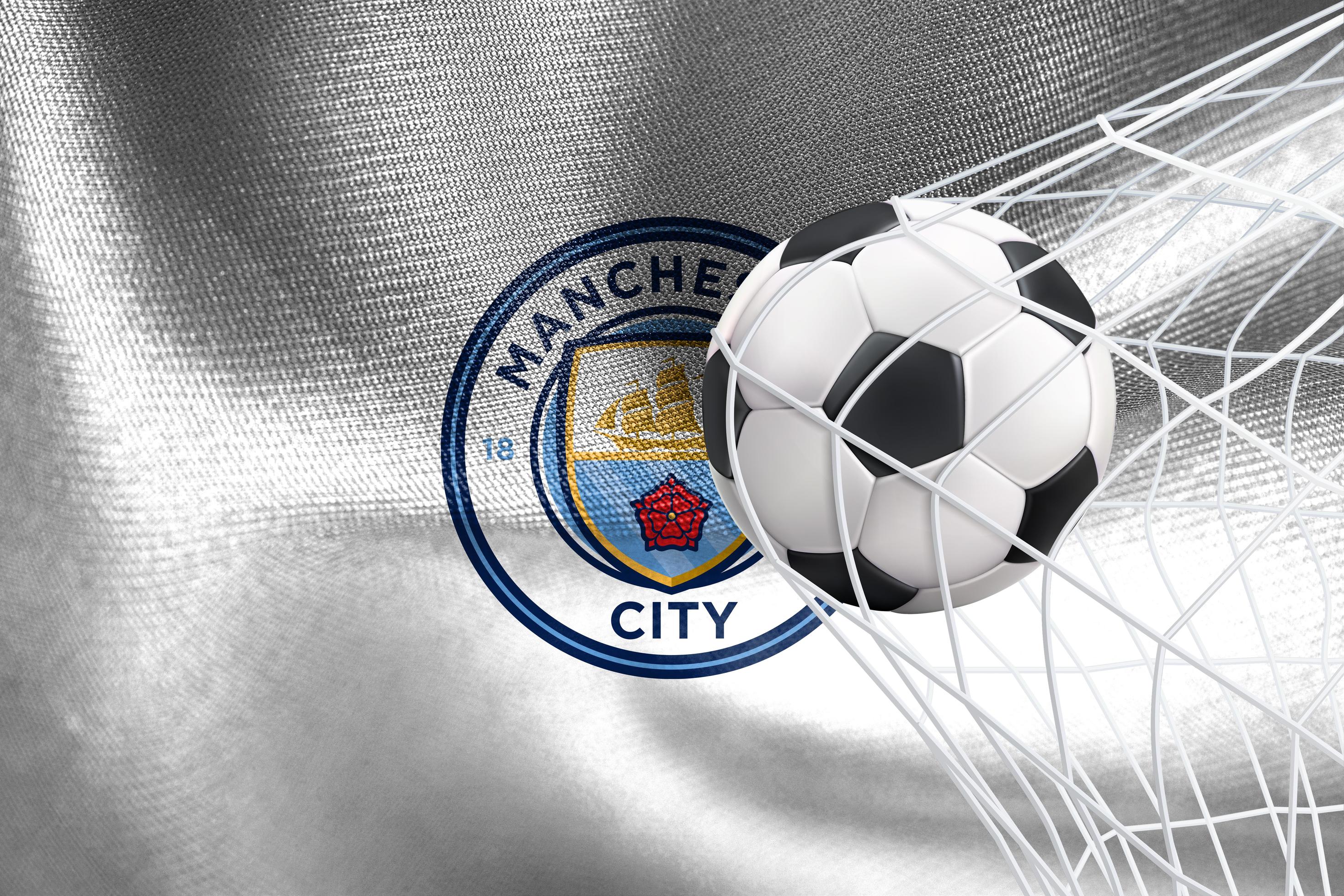 2940x1960 UEFA Champions League Manchester City F.C. flag with a soccer ball in net, UEFA Wallpaper, 3D work and 3D image. Yerevan, Armenia January 27