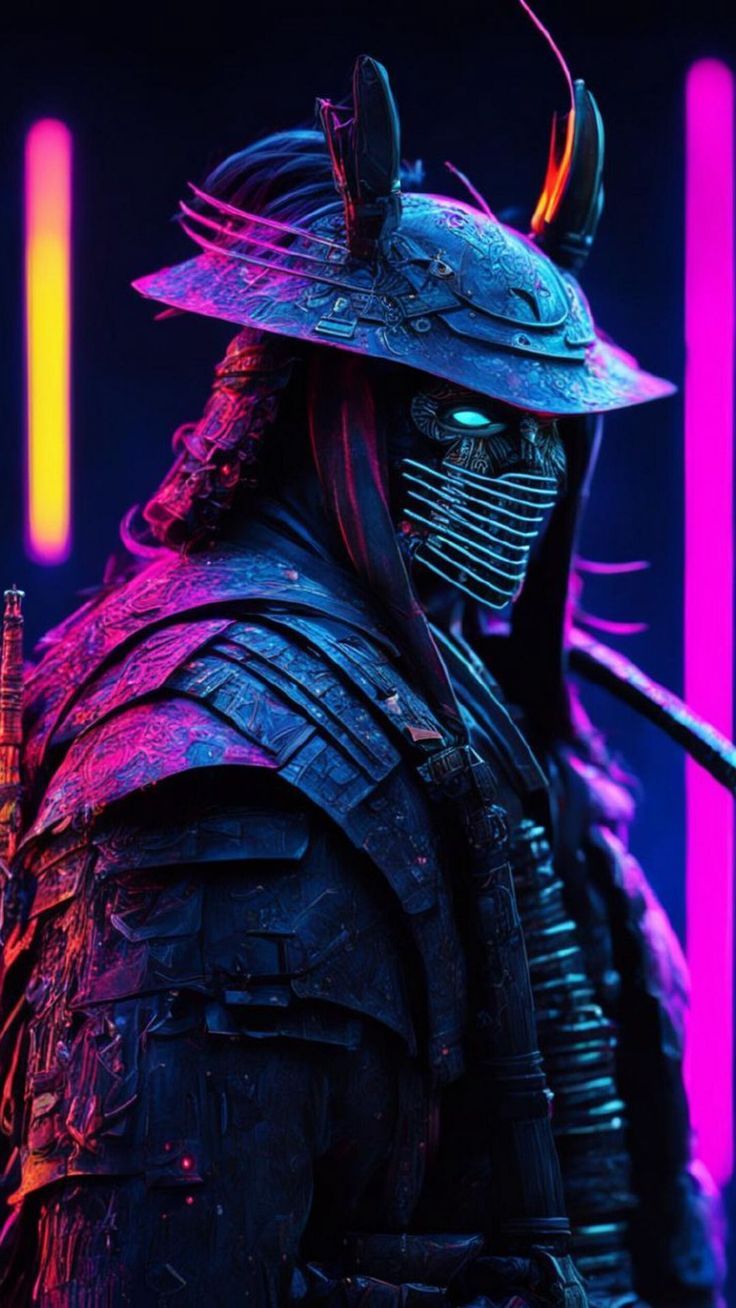 736x1308 Wallpaper samurai, warrior, neon, cyberpunk, ai, art, AI 4K by VOTKINSKIY. Download wallpaper samurai, warrior, neon, cyberpunk, ai, art for free