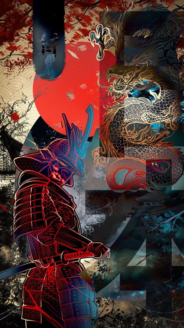 736x1308 Wallpaper samurai, dragon, hieroglyphs, japan, art, AI 4K by Golovatin Ivan. Download wallpaper samurai, dragon, hieroglyphs, japan, art for free