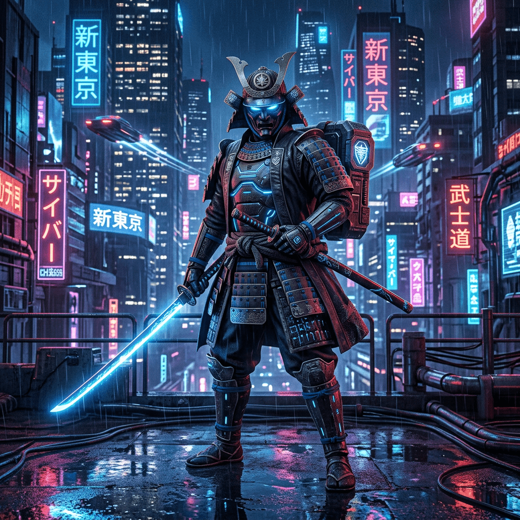 1024x1024 Futuristic Samurai: A Modern Warrior Aesthetic. AI Art Generator. Easy Peasy.AI