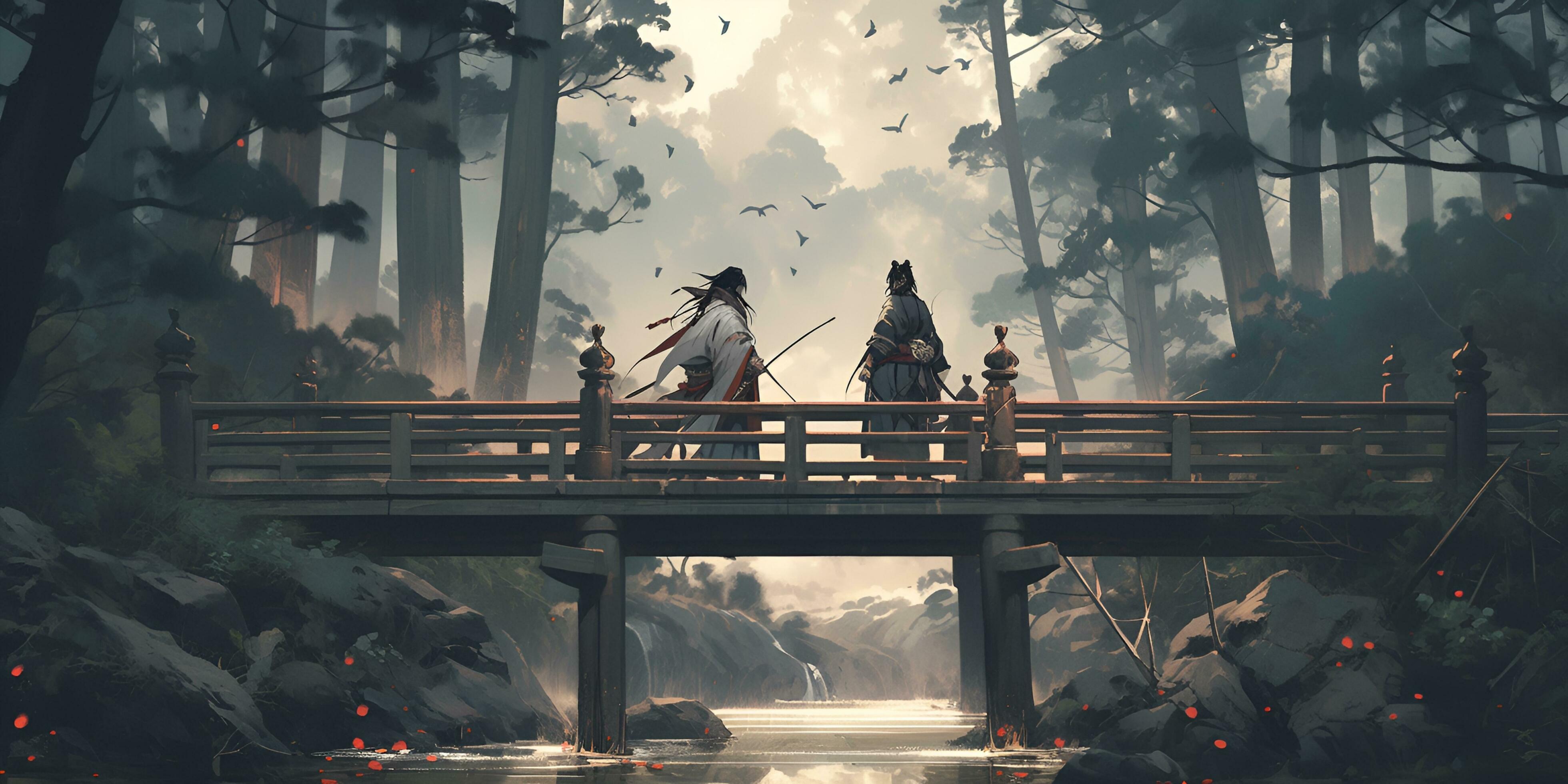 3920x1960 painting of two samurai fighting on a bridge, ai generative