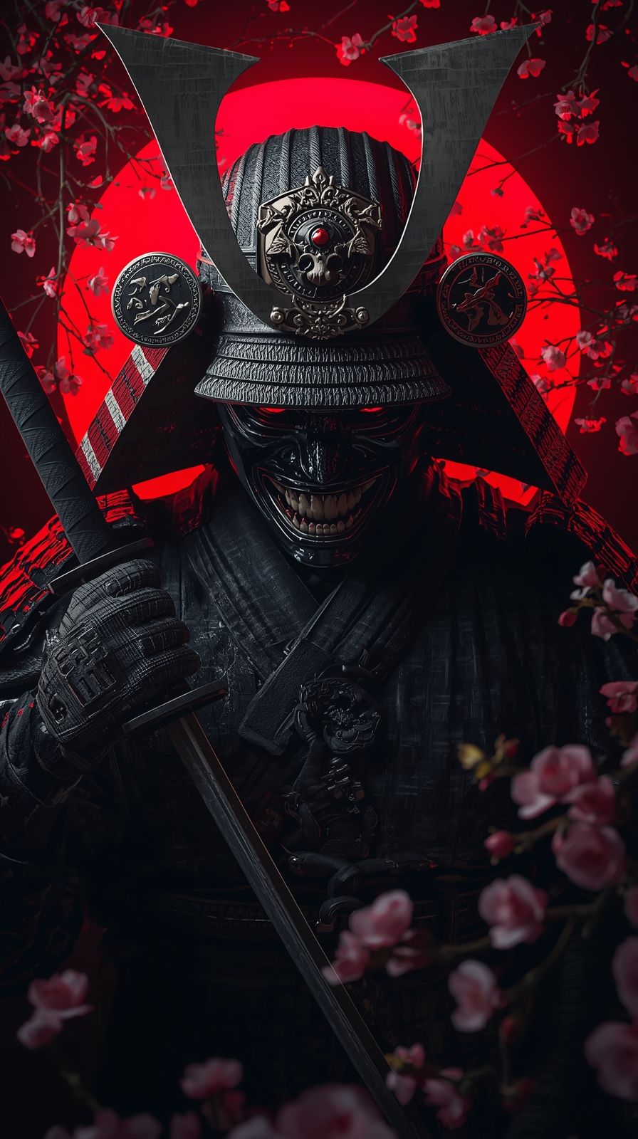 896x1600 menacing samurai warrior demonic face mask glowing