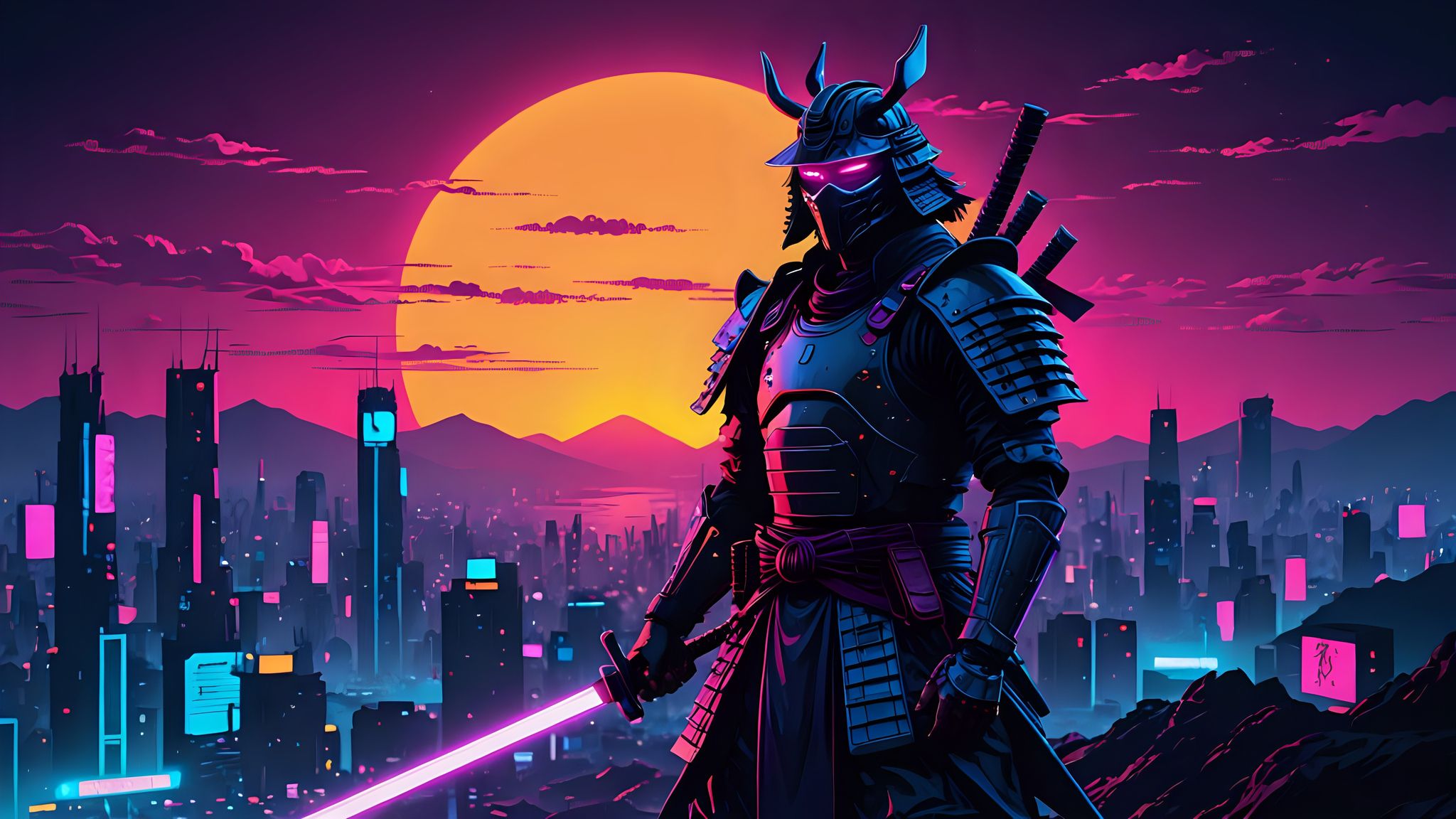 2048x1152 Download Samurai, Neon, AI Art, Sword Wallpaper in 2048x1152 Resolution
