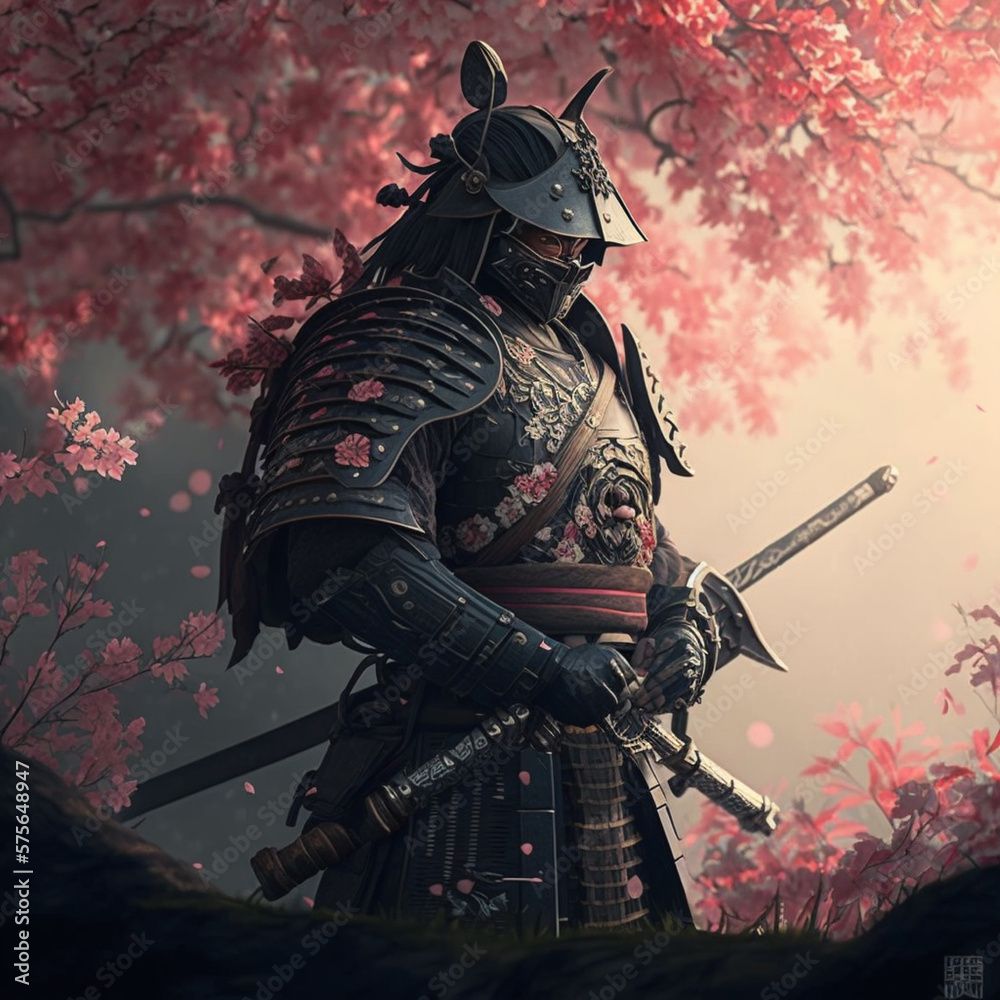 1000x1000 Samurai in armor, with katana. Sakura tree on the background. AI generated image Stock Illustration