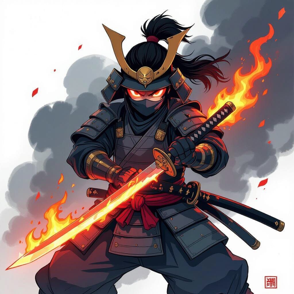 1024x1024 Roblox Samurai with Flaming Sword in Anime Style