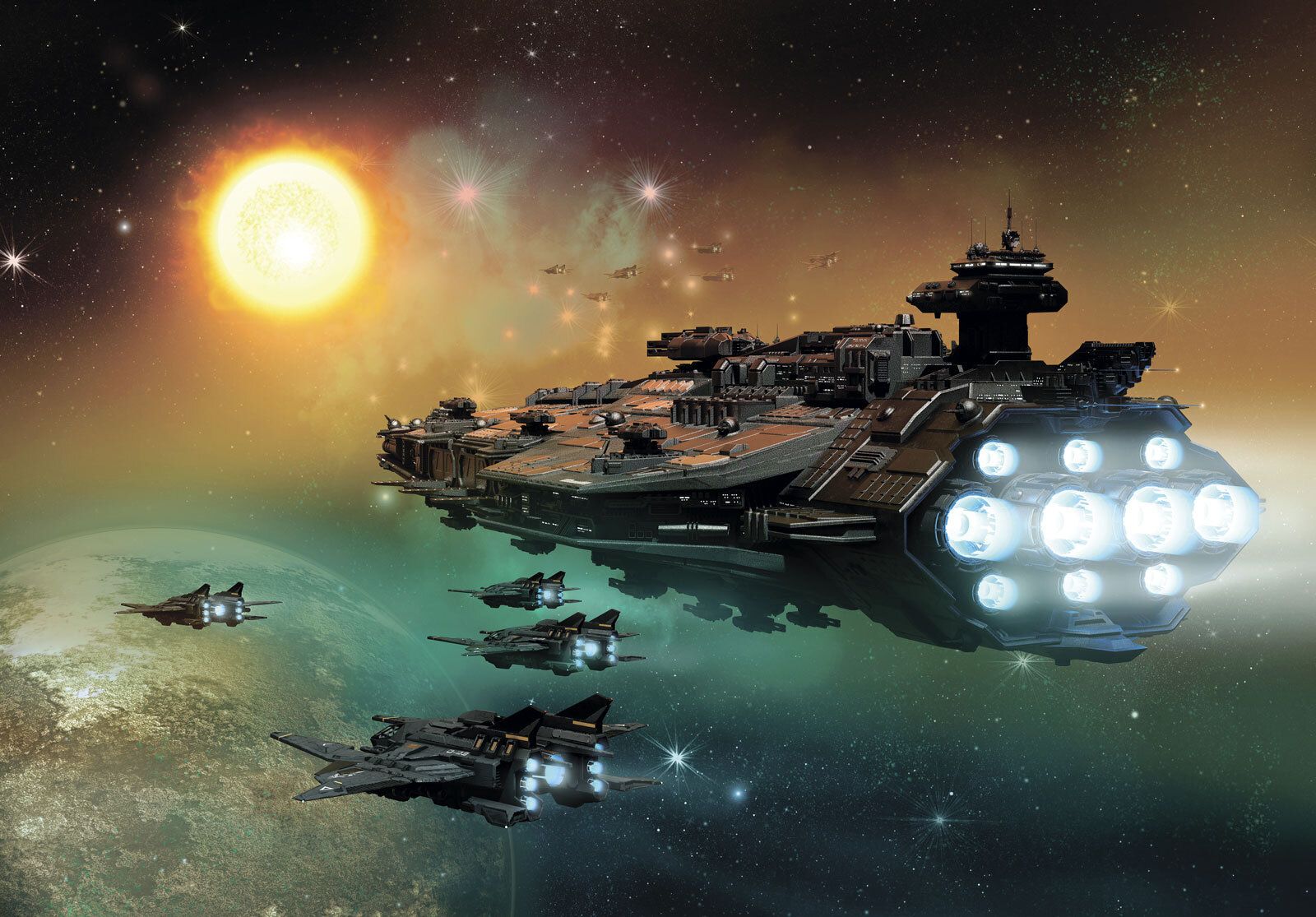 1600x1115 Wall mural Space ship in space with a group of spaceships in the sky : u74372.co.uk