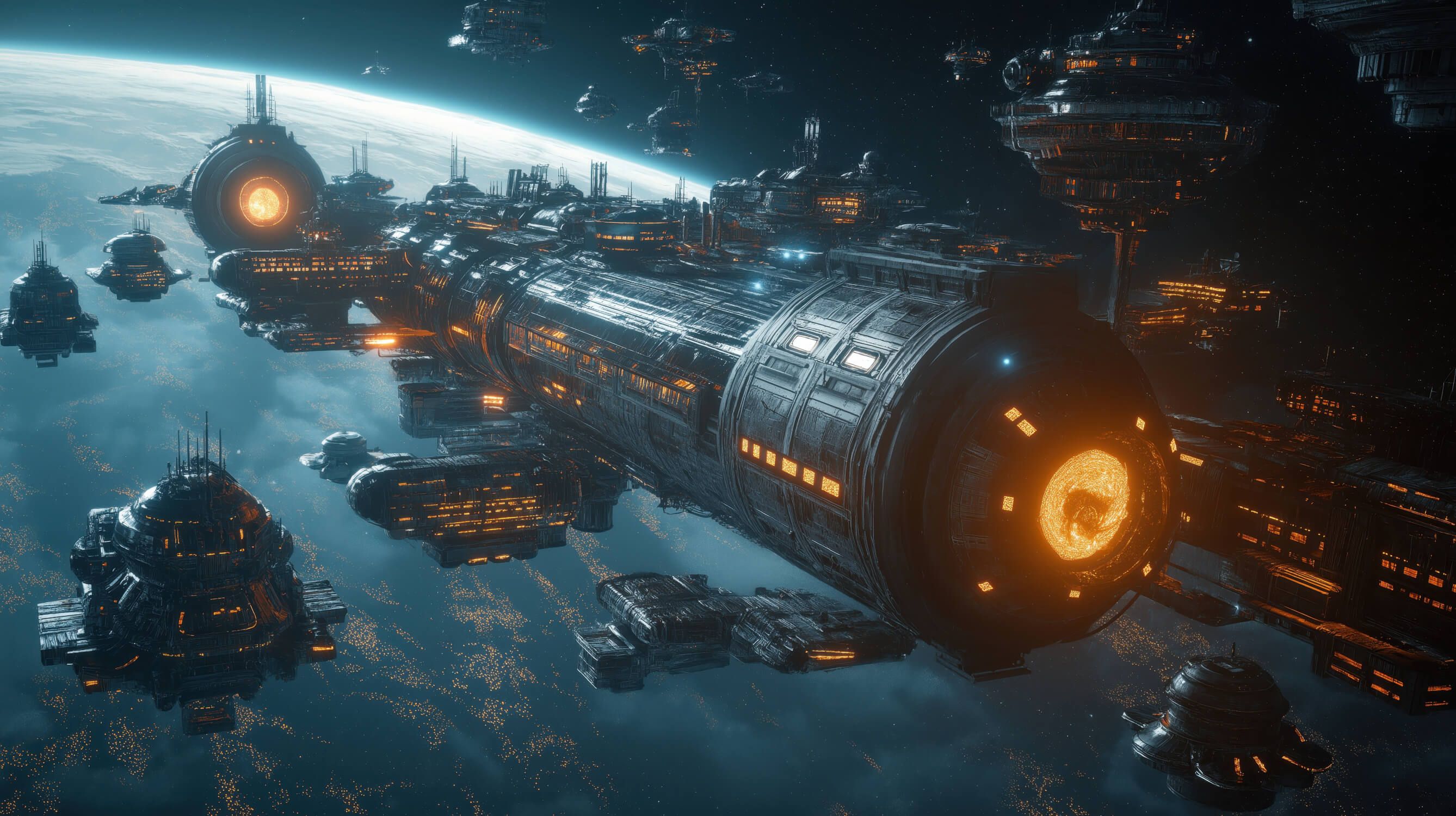 2676x1500 Space Station Mural Wallpaper. Futuristic Galaxy Fleet Design
