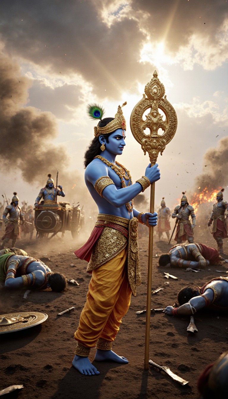 768x1344 Hyper Realistic Krishna In Mahabharata Battlefield. Stable Diffusion Online