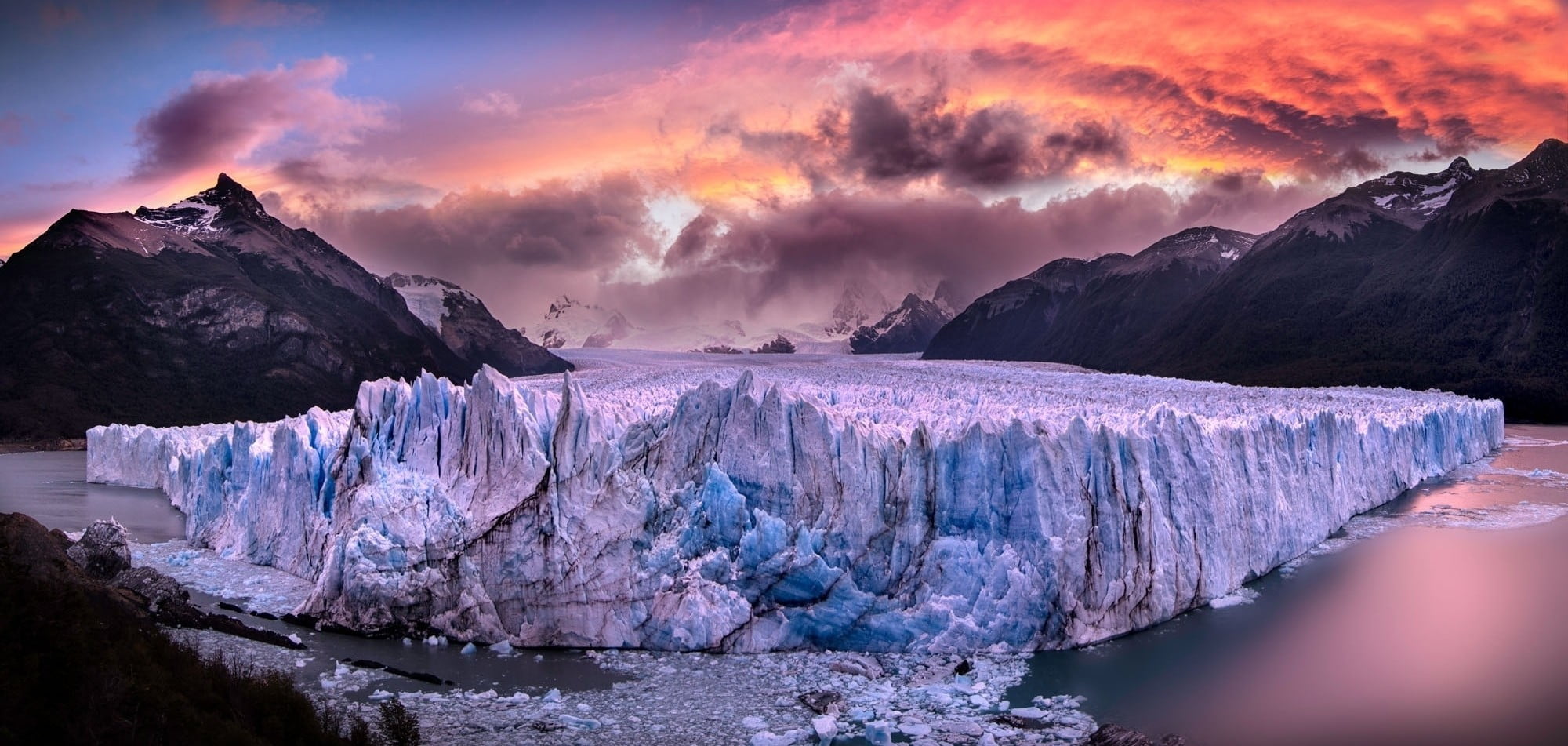 2000x951 Ice formation, glaciers, Perito Moreno, Argentina, sunset HD wallpaper