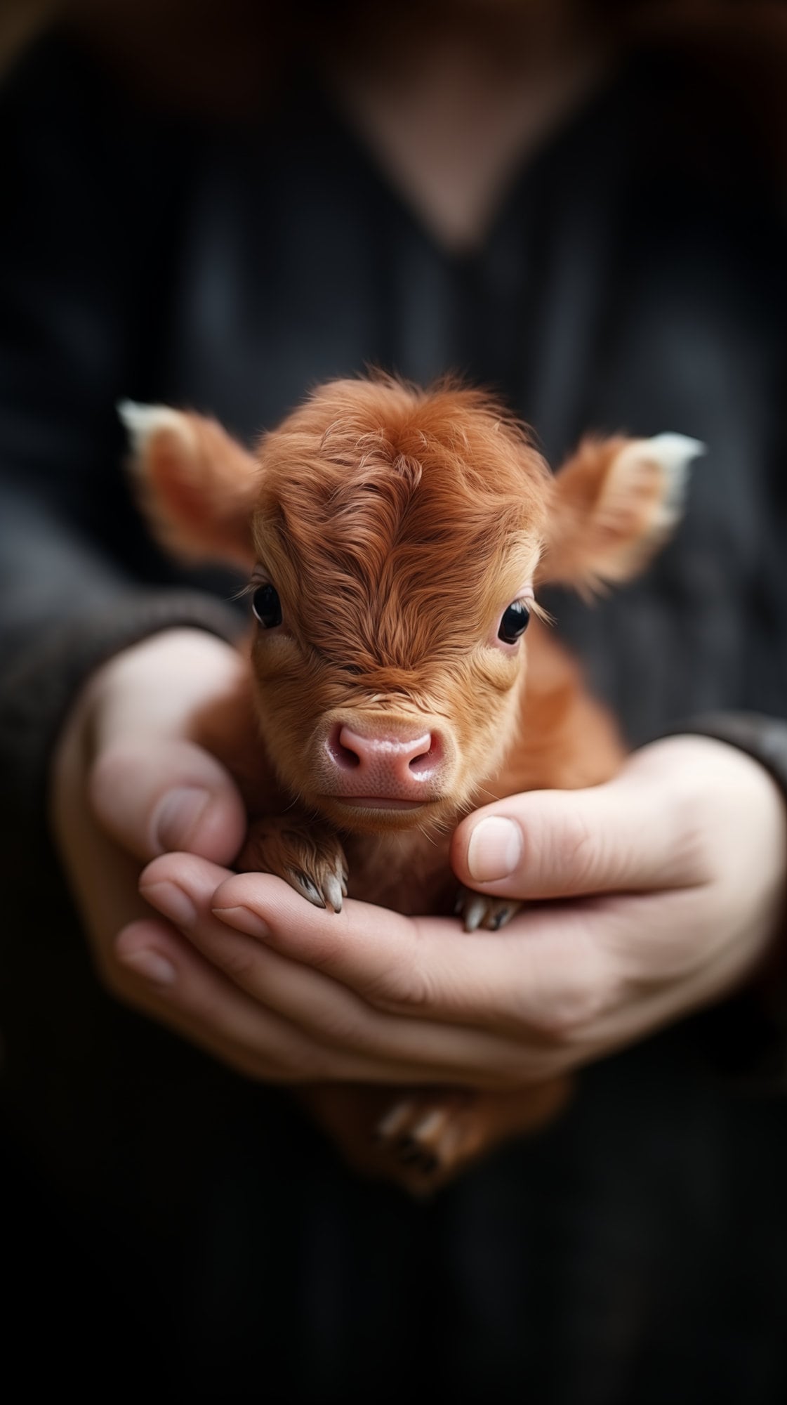 1121x2000 Brown Baby Cow in Hand Print, Tiny Calf Nursery Wall Art Digital Print