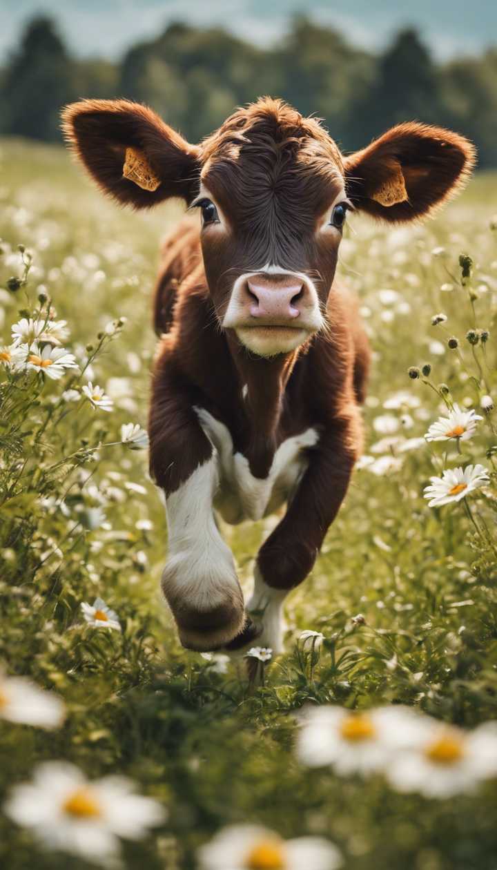 720x1260 A playful calf joyfully hopping around in a field full of daisies. Wallpaper [1755bc5c89cd4585ad93]