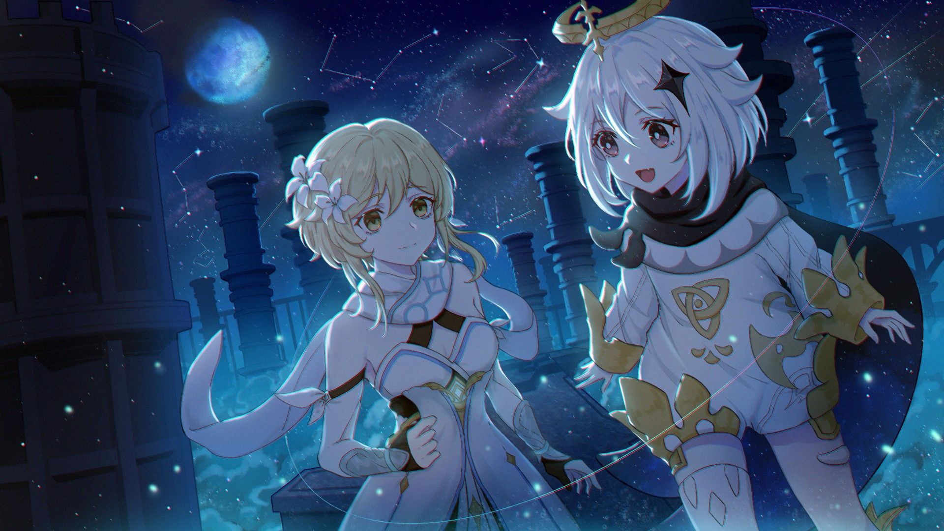 1920x1080 traveler and paimon in building background genshin impact HD games Wallpaper