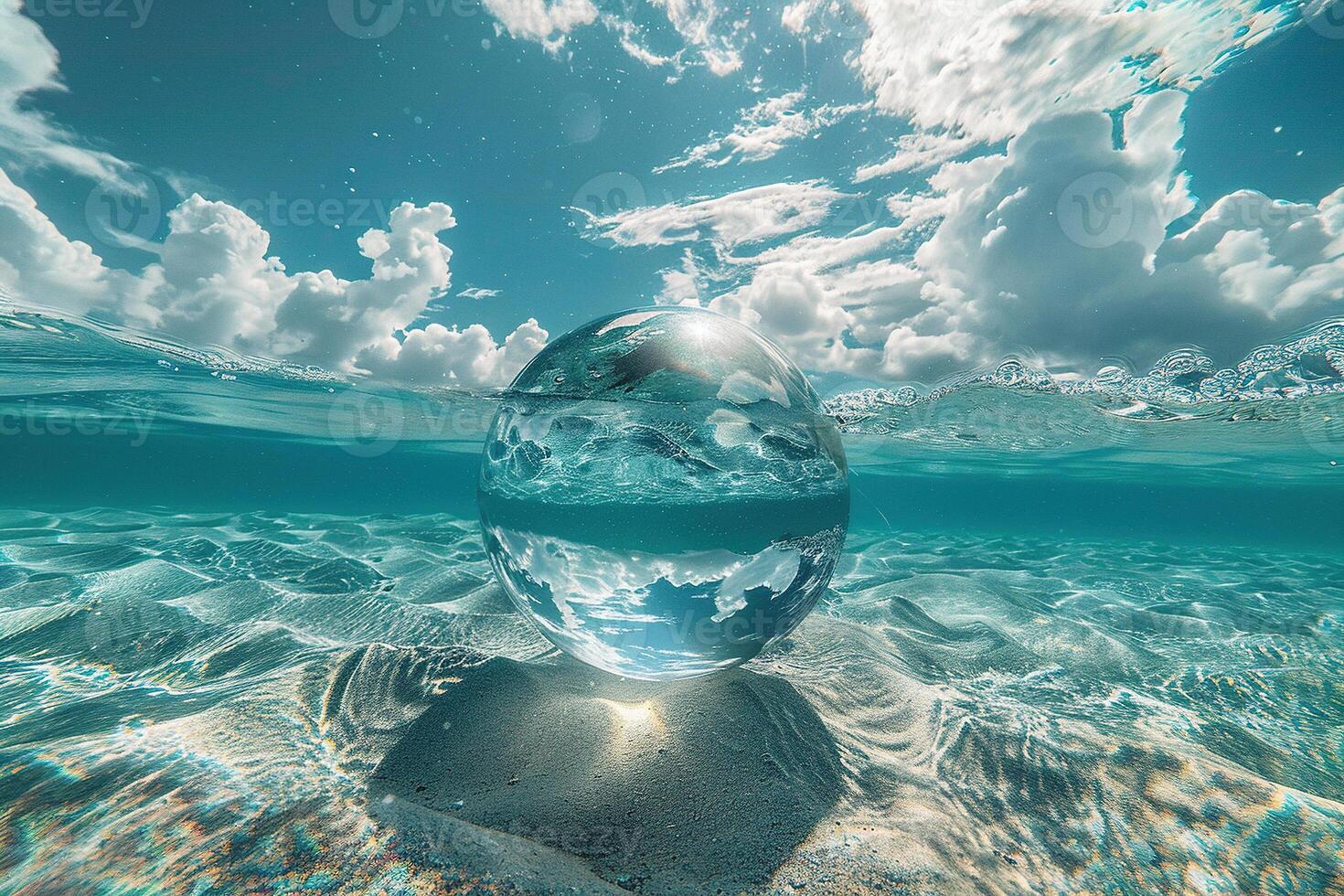 1470x980 A glass ball under clear water. Beautiful water background