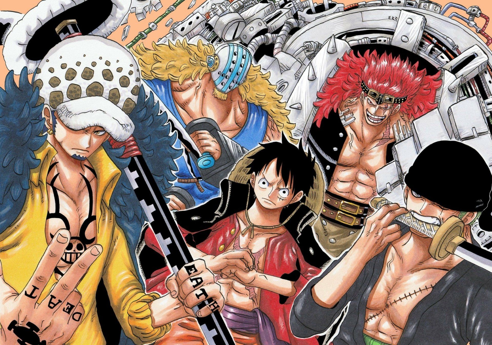 1920x1346 One Piece: Luffy, Zoro, Law, Eustass Kid & Killer