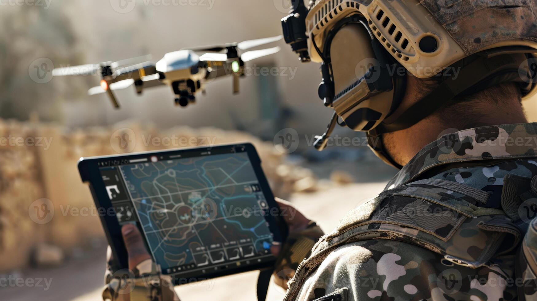 1749x980 A soldier hold tablet in the field, operating drones.. A drone controller and camera visuals on a smartphone
