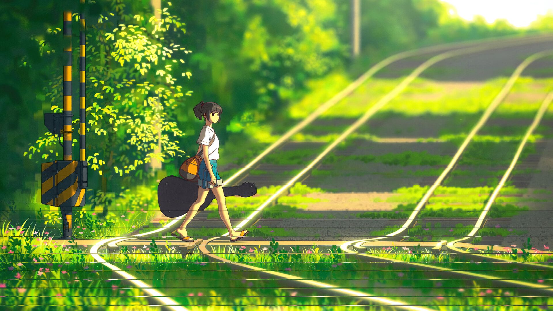 1920x1080 Anime Girl Walking Train Track Crossing Wallpaper 4K HD PC f