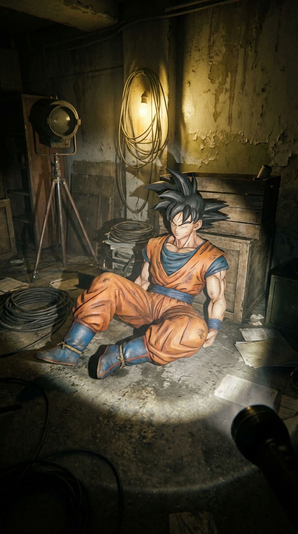 1024x1835 Cinematic Photorealistic Scene Of An Abandoned Backstage Storage Room With A Life‑sized Anime Sty. Generated Image