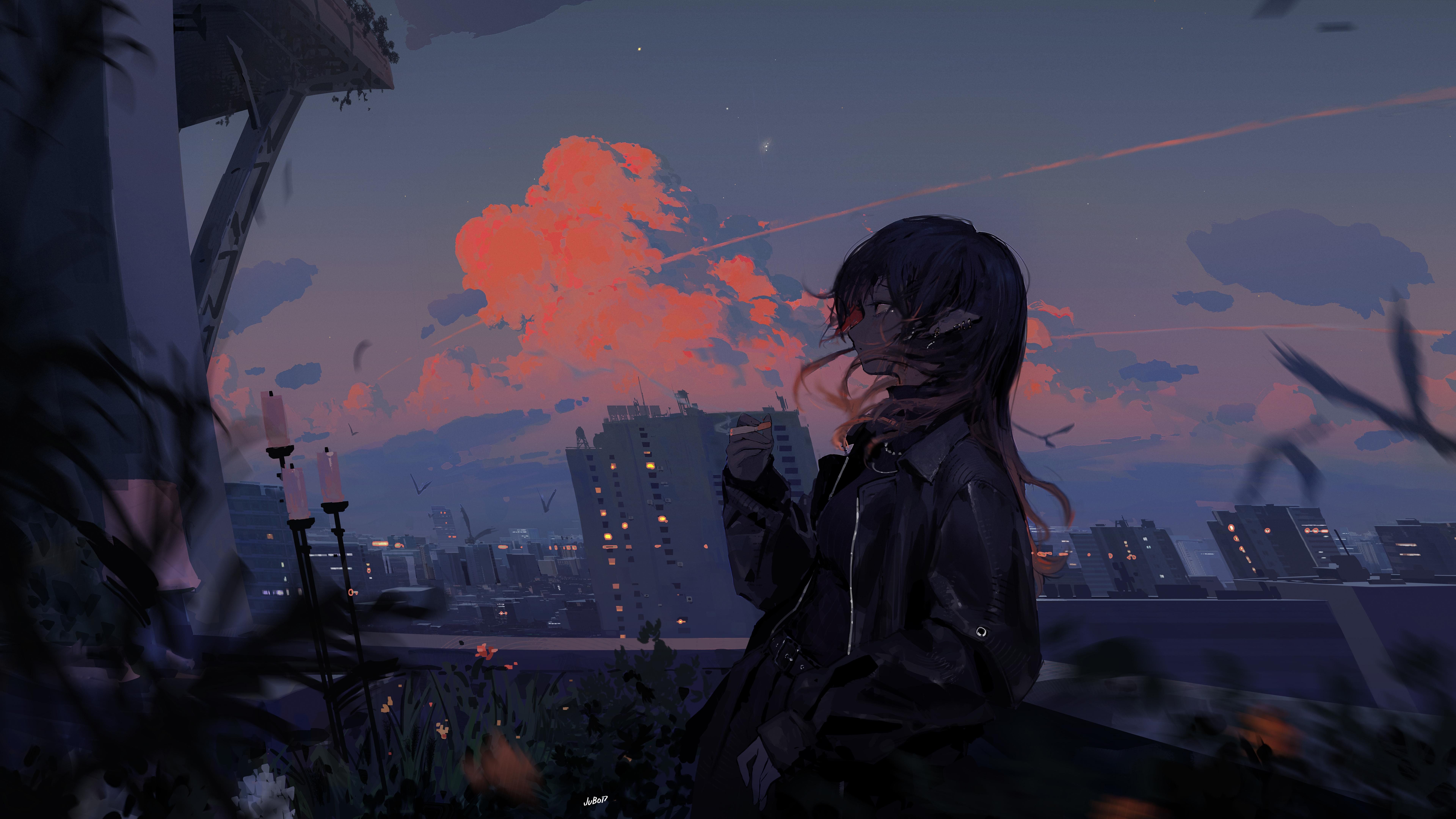 7680x4320 Anime Girl Sunset Cityscape 4K Wallpaperx4320