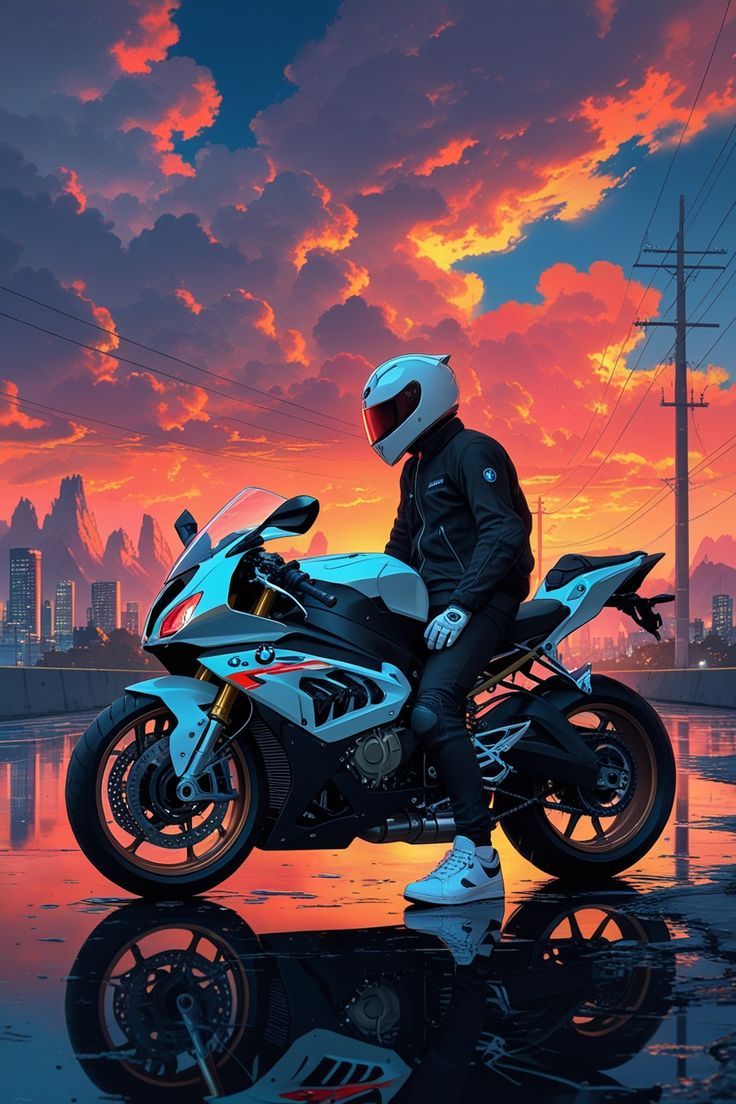 736x1104 BMW S1000RR Anime Style Sunset City View Cinematic Biker Wallpaper