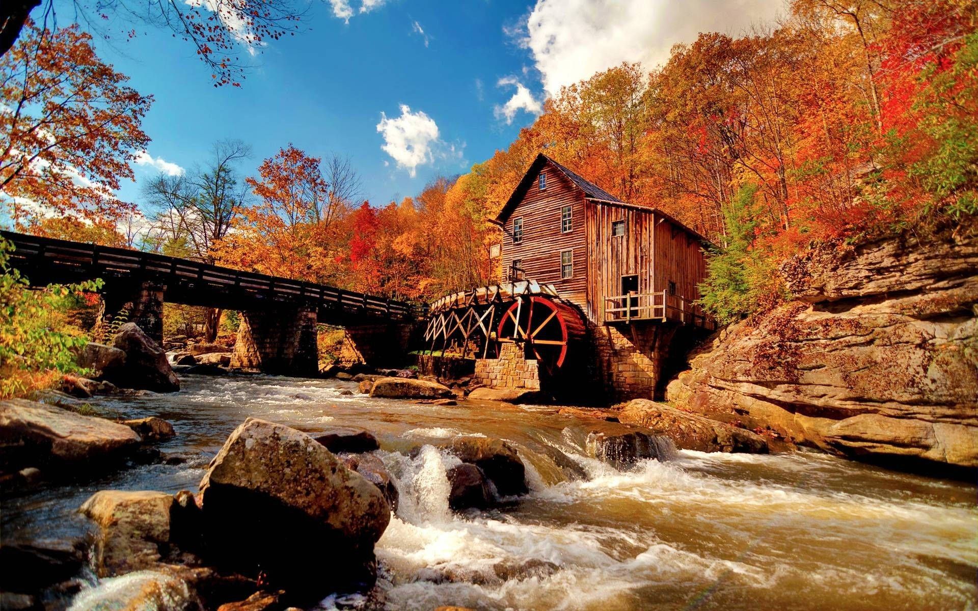 1920x1200 Download Grist Mill Sunny Autumn Wallpaper