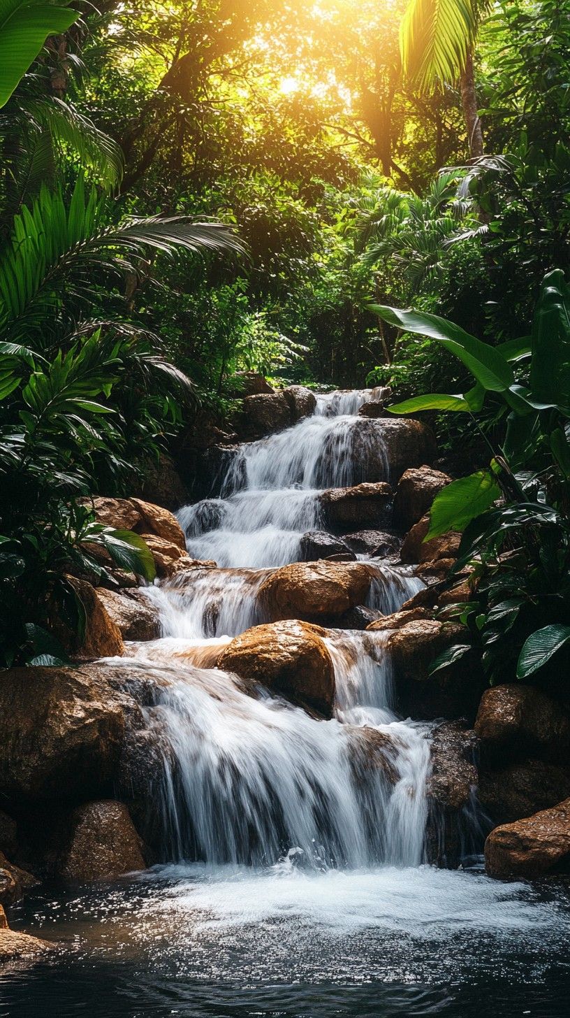 816x1456 Download Sunny cascading waterfalls Image, Waterfalls, Forest