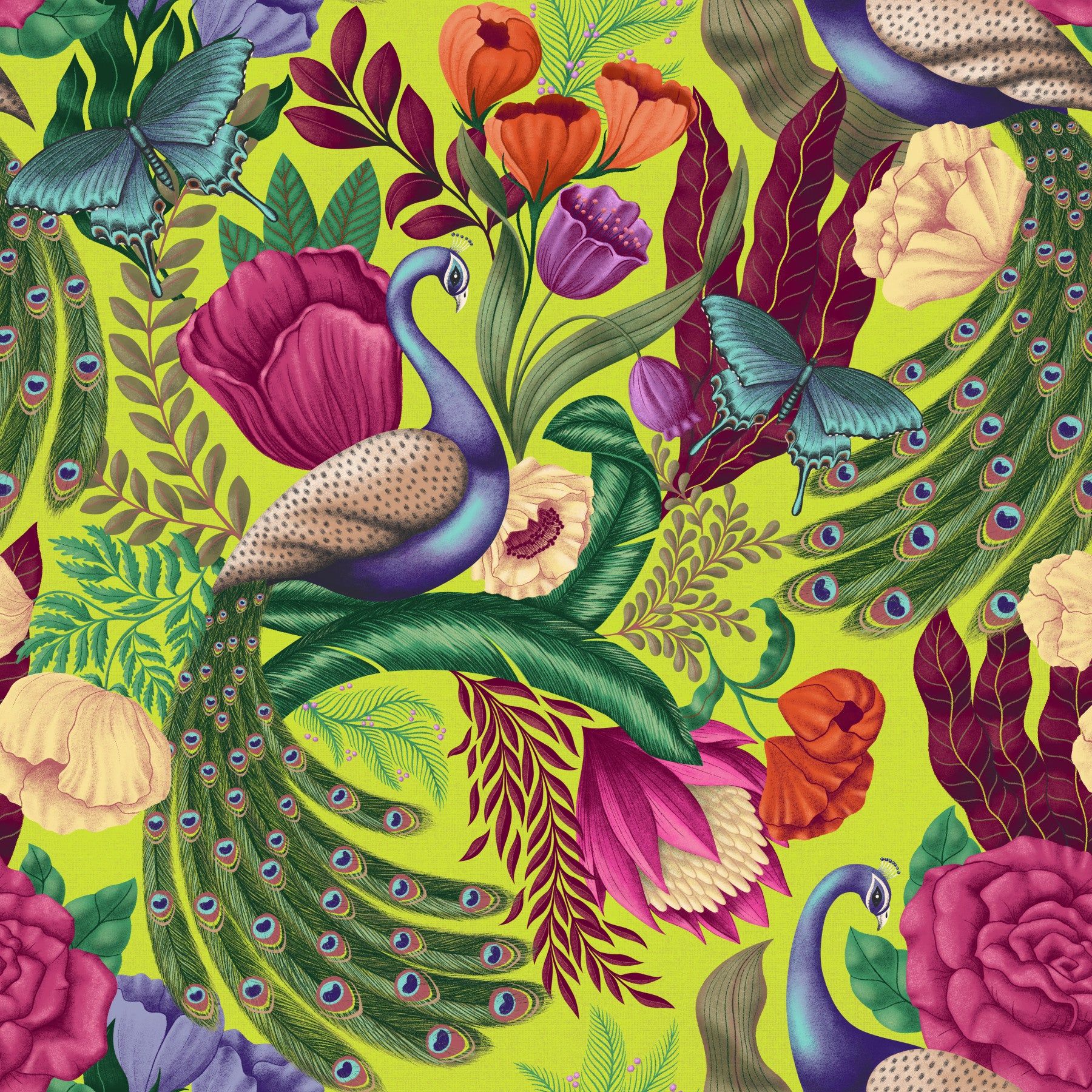 1800x1800 Maximalist Peacock Fantasy Garden Wallpaper Green Glow